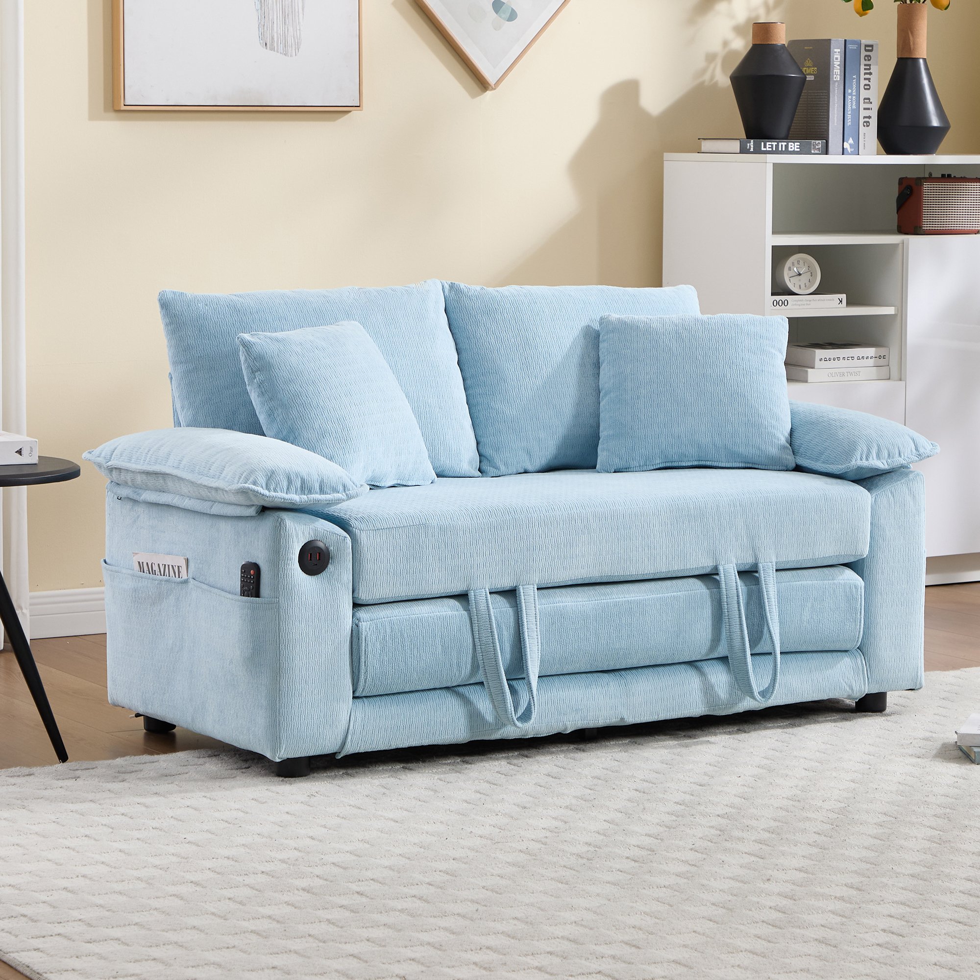 Canapé-lit futon convertible 3 en 1 bleu chenille, lit d'appoint pliant avec poches latérales pour salon et chambre