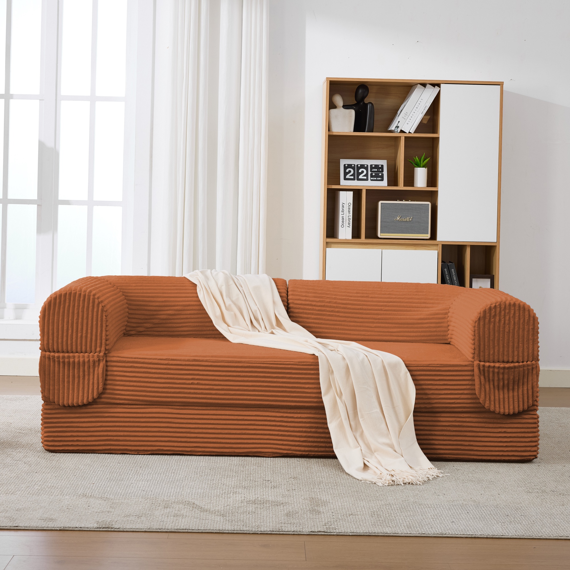 Canapé Droit 2 Places Convertible Lit Orange Tissu Côtelé Avec Rangement Intégré Salon Moderne