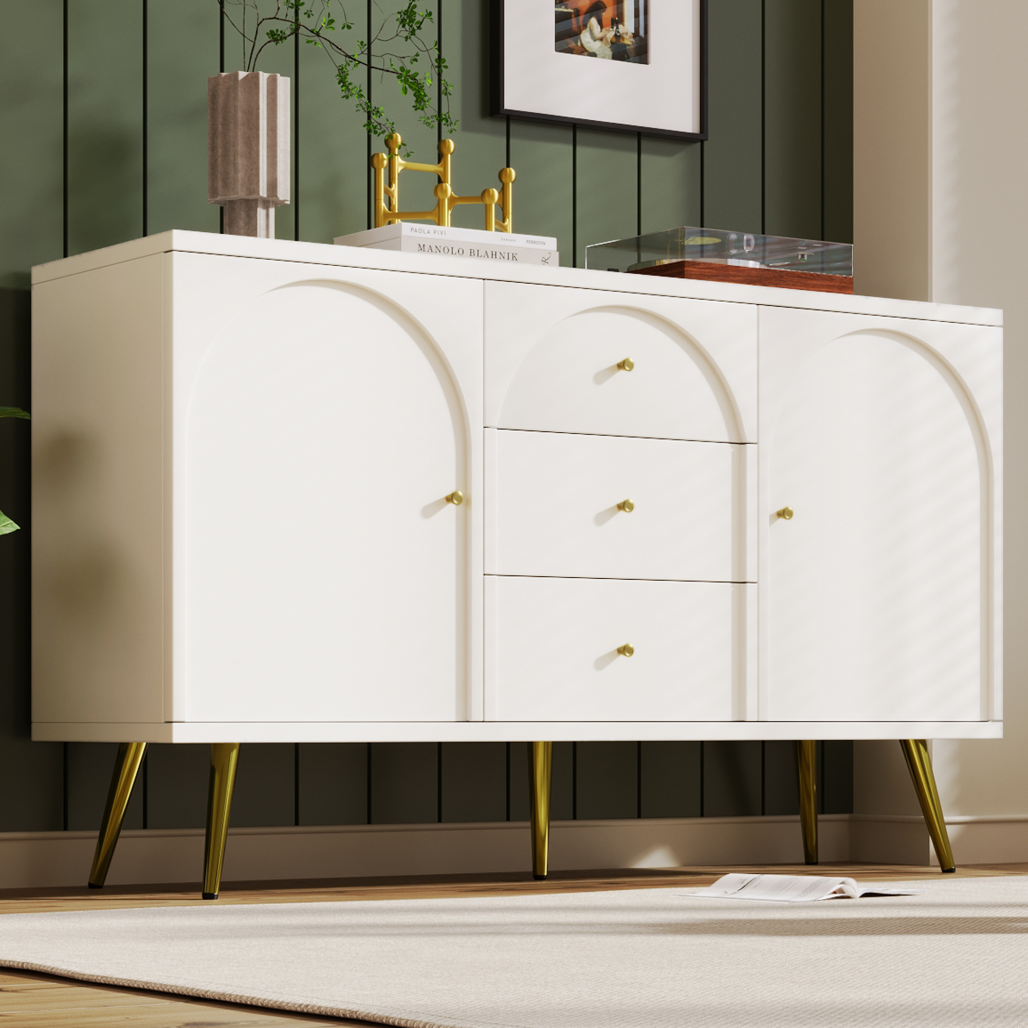 Buffet Blanc 140x84x40 cm, Meuble Bas avec 2 Portes Latérales et 3 Tiroirs Centraux, Idéal pour Stockage Salon et Chambre