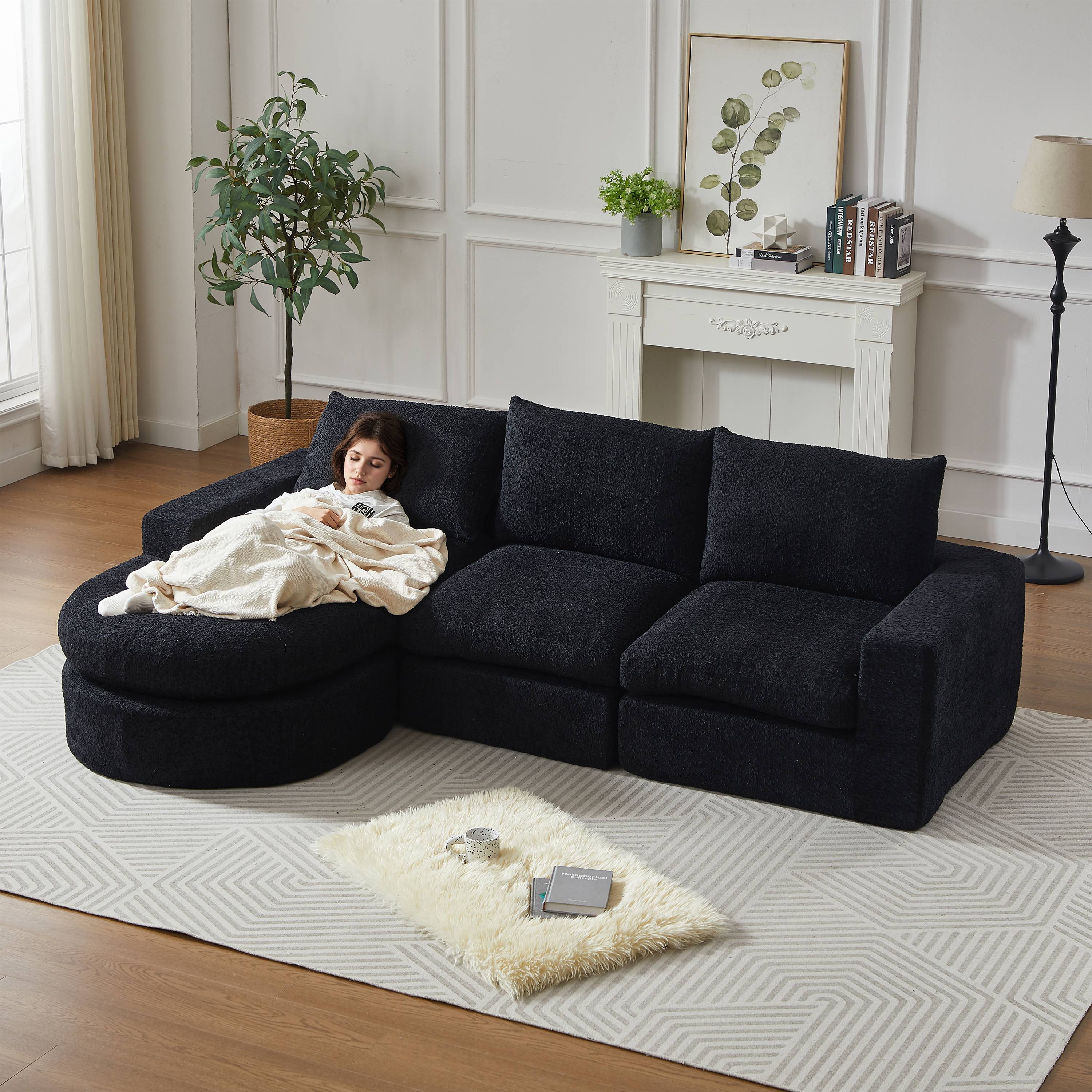 Canapé Modulable Noir Chenille Sans Structure, Mousse Haute Densité, Confort Ergonomique et Design Contemporain pour Salon Moderne