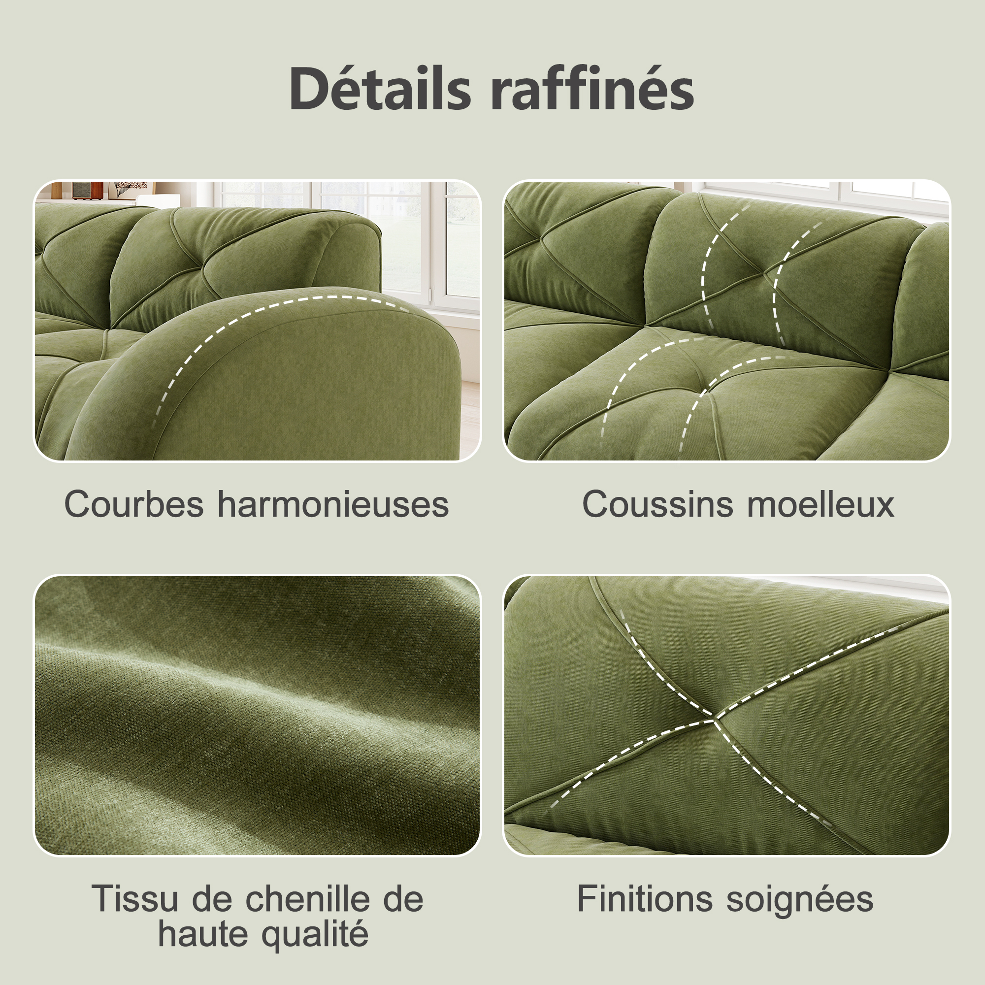Canapé modulable panoramique 3 places, confort moelleux tissu Chenille, structure stable sans cadre, 2 coussins inclus