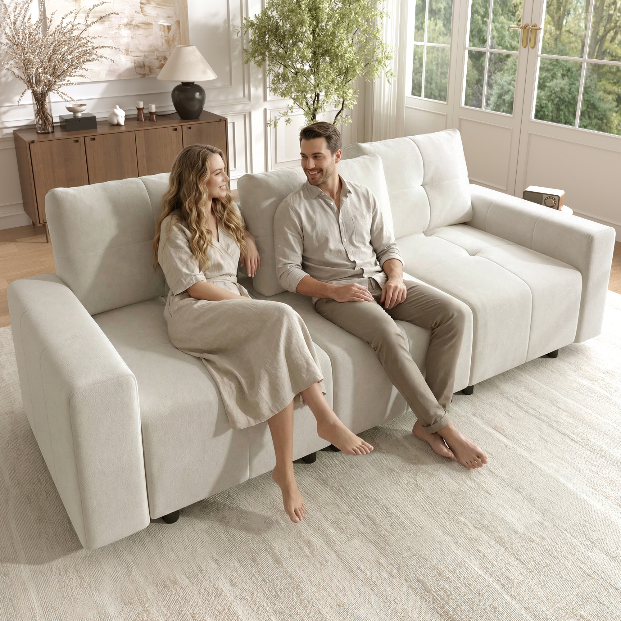 Canapé Convertible 3 Places Droit Chenille Beige Blanc, Profondeur Réglable Jusqu'à 68 Cm, Structure Bois Massif, Confort Ergonomique Salon Moderne