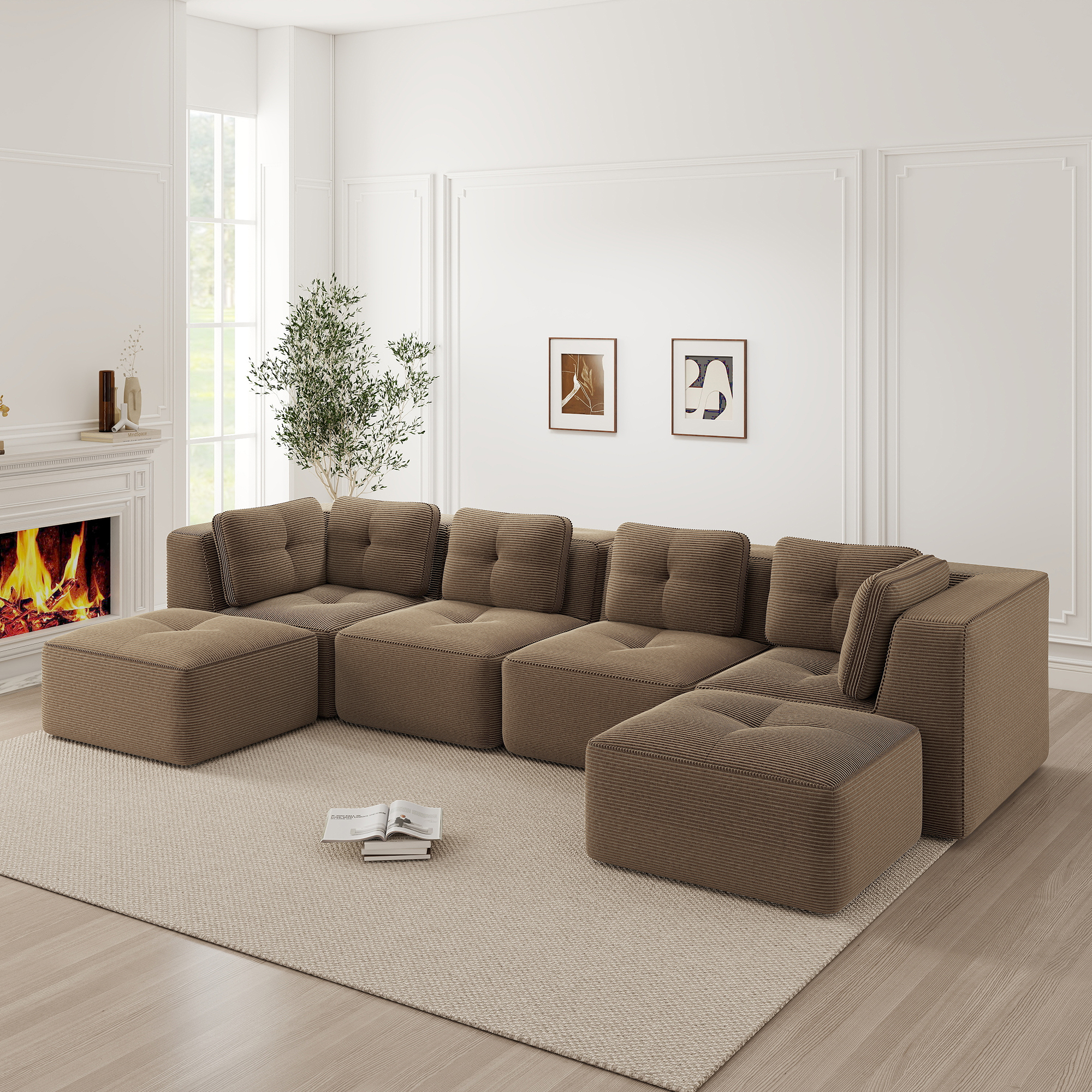 Canapé Modulable D'Angle En U Avec Ottoman, Revêtement Velours Côtelé Marron, Structure Profonde Et Pieds Antidérapants