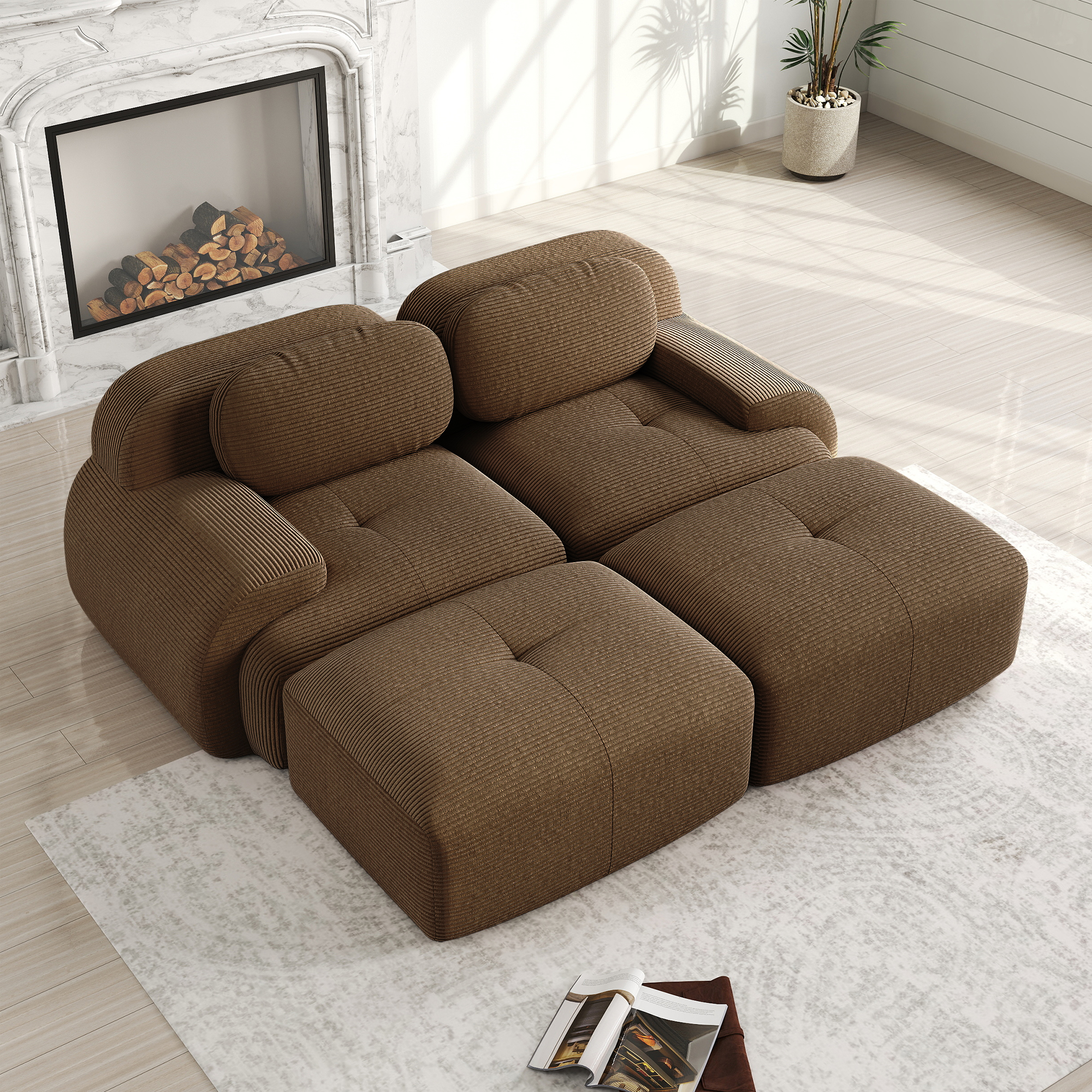 Canapé d'angle 2 places en cordonnet marron pour salon et chambre, modulable sans montage et base antidérapante
