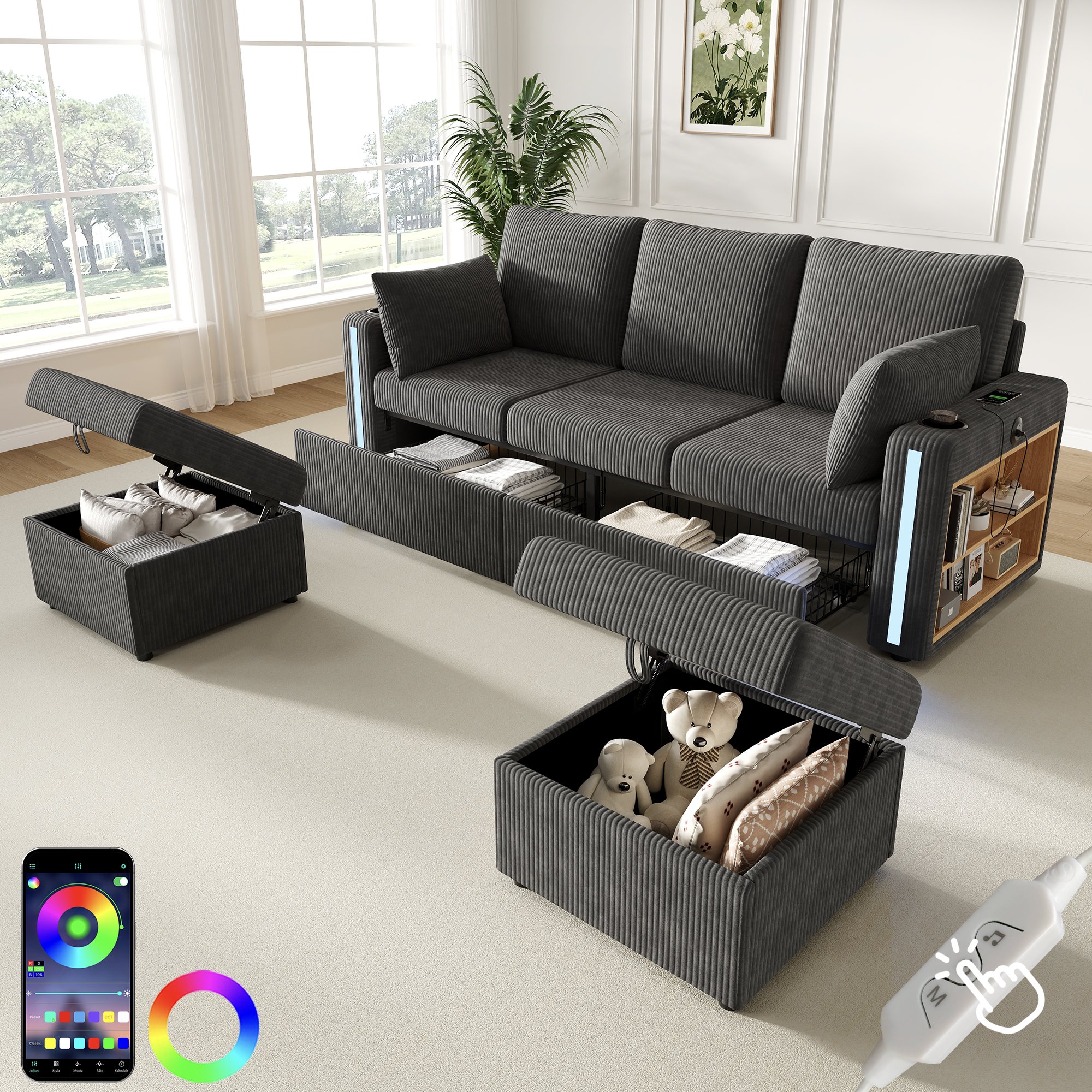 Canapé d'angle modulable gris en velours côtelé, format U ou L, avec LED, ports USB Type-C, tiroirs et poufs de rangement pour 5 personnes