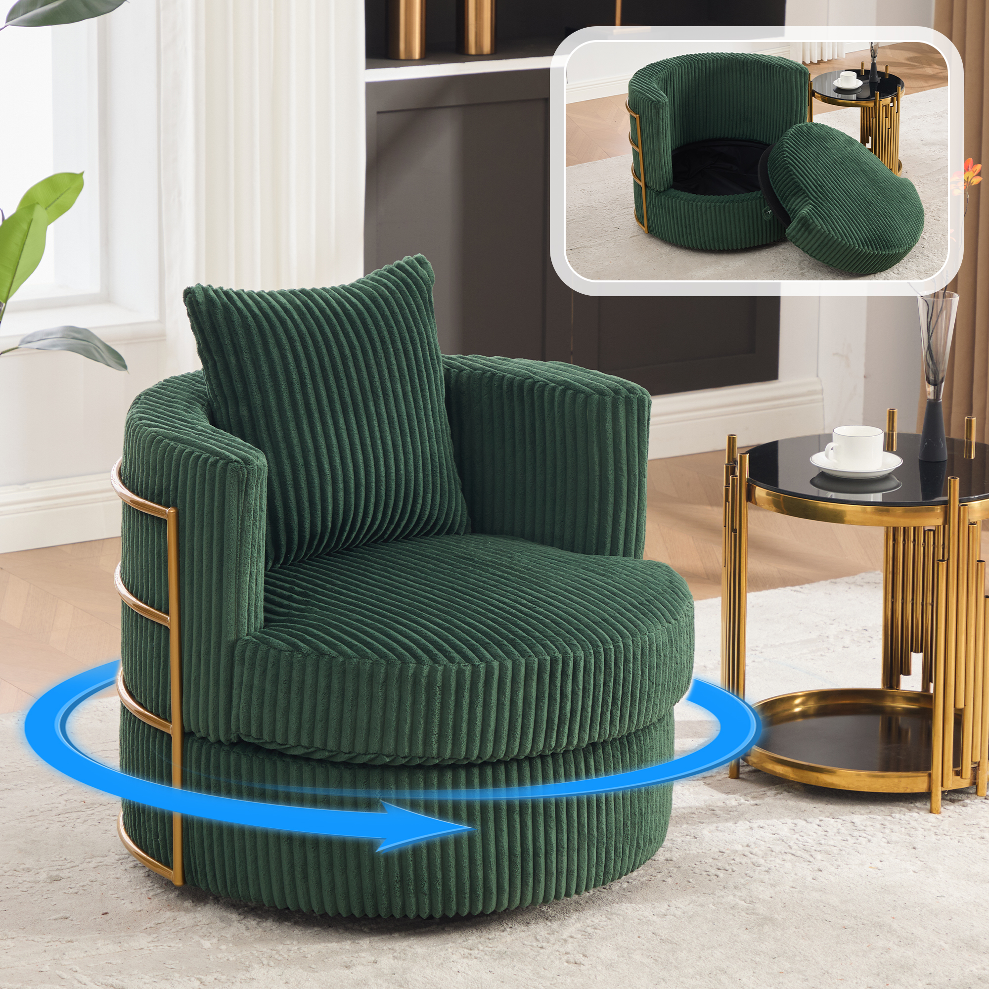Canapé fauteuil en velours côtelé vert émeraude avec mousse haute densité et rangement intégré