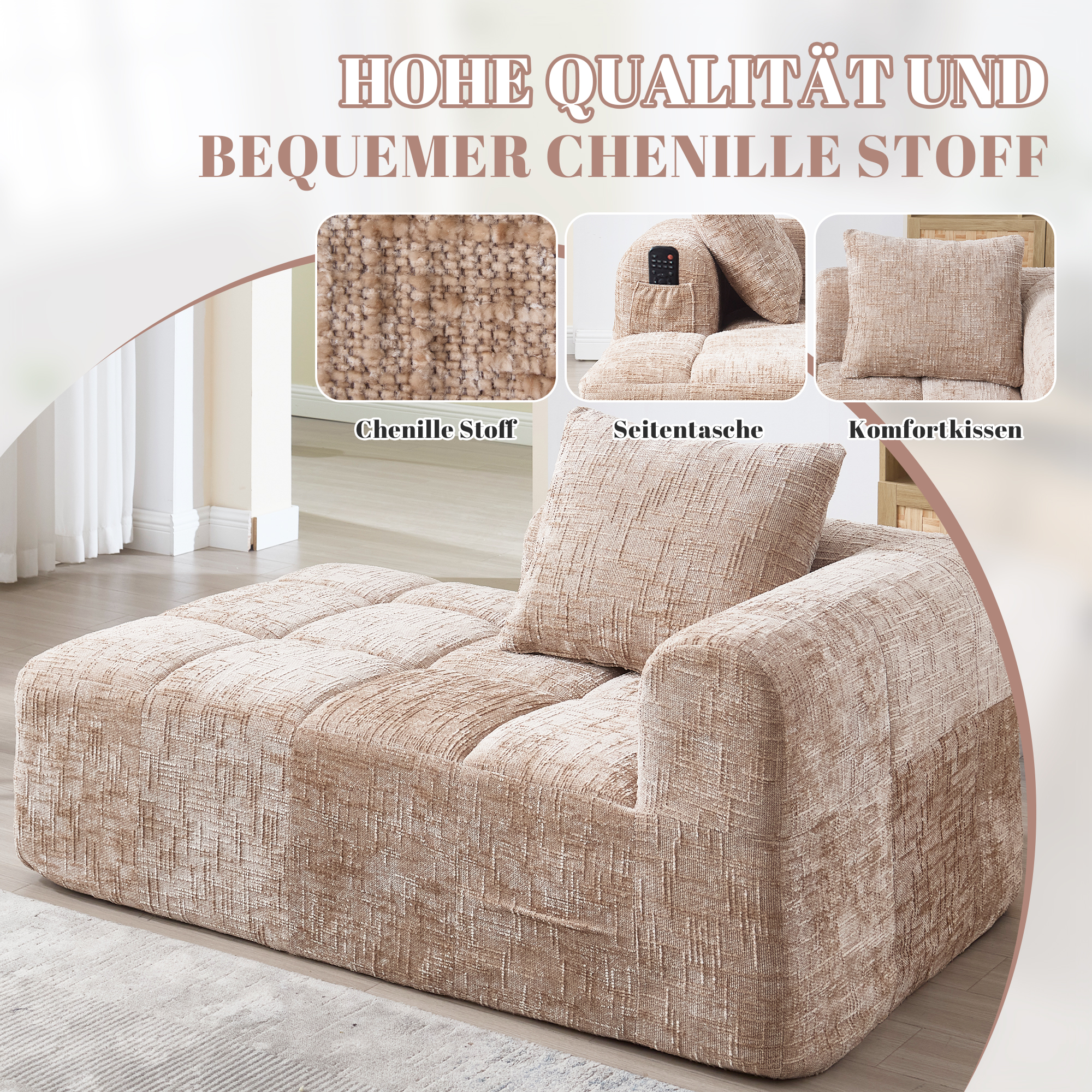 Canapé méridienne confortable en chenille kaki pour salon, avec coussin et rangement latéral