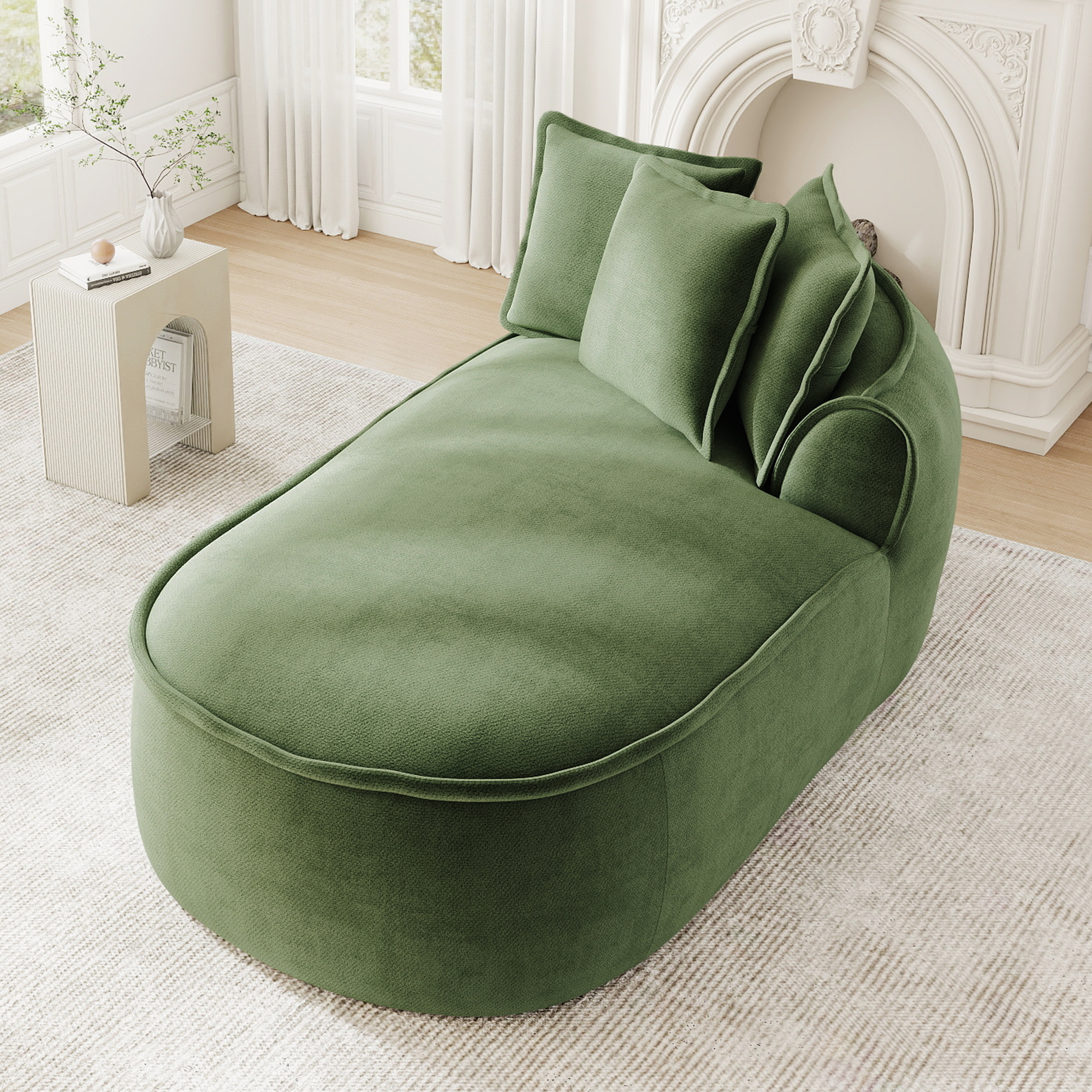 Canapé modulable en chenille vert avec méridienne droite, coussins et accoudoirs larges, 2 modules