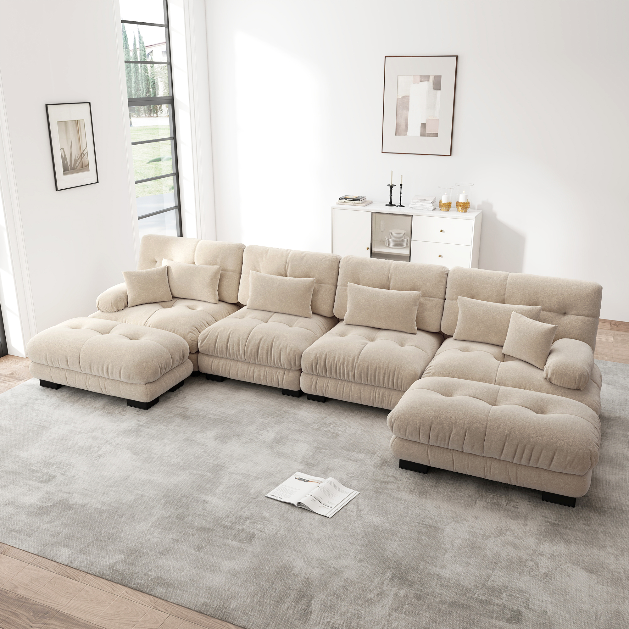 Canapé d'angle 4 places en velours côtelé beige clair avec pouf mobile et LED intégrée pour salon