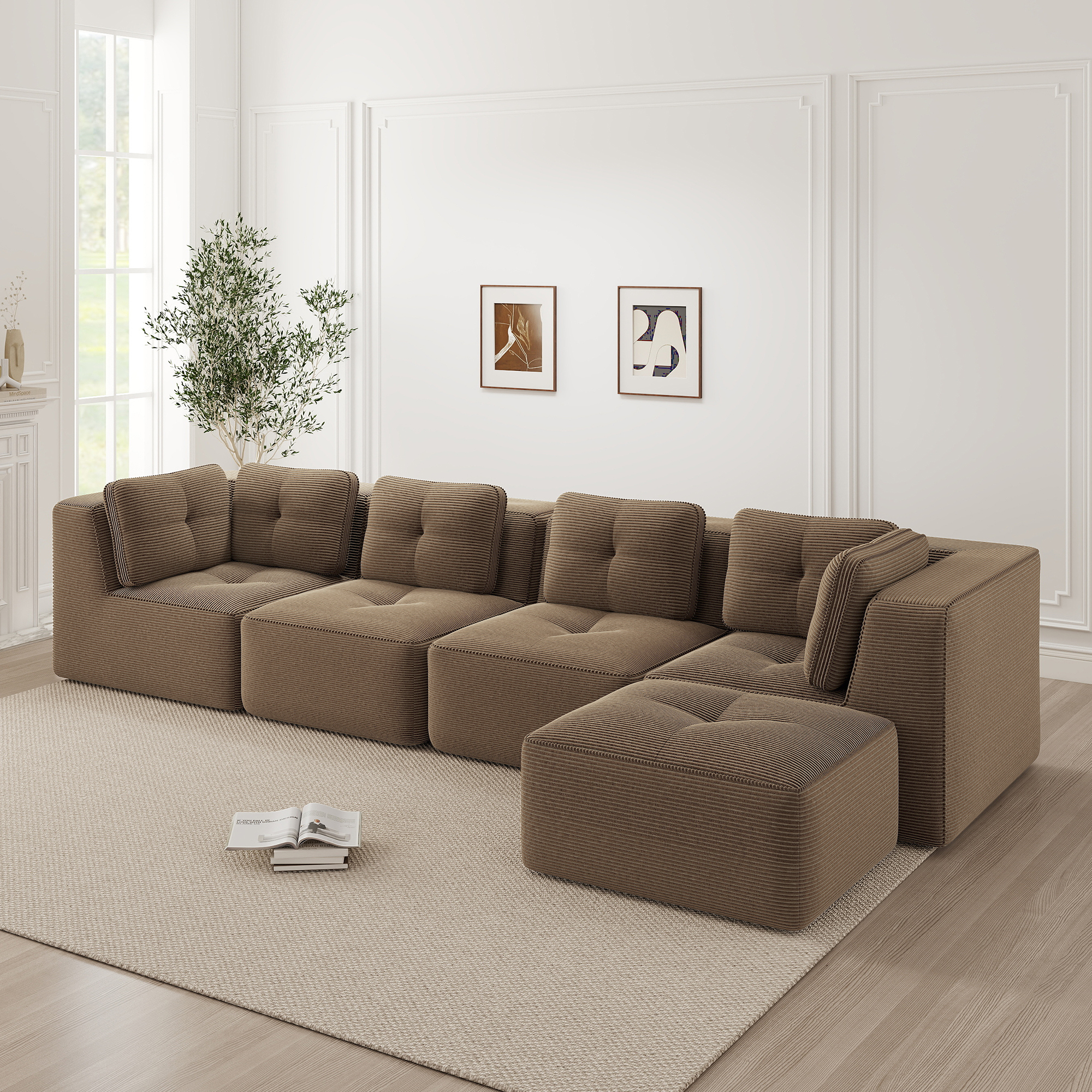 Canapé Modulable 4 Places Angle Sans Cadre Tissu Côtelé Marron Confort Profond Salon Moderne