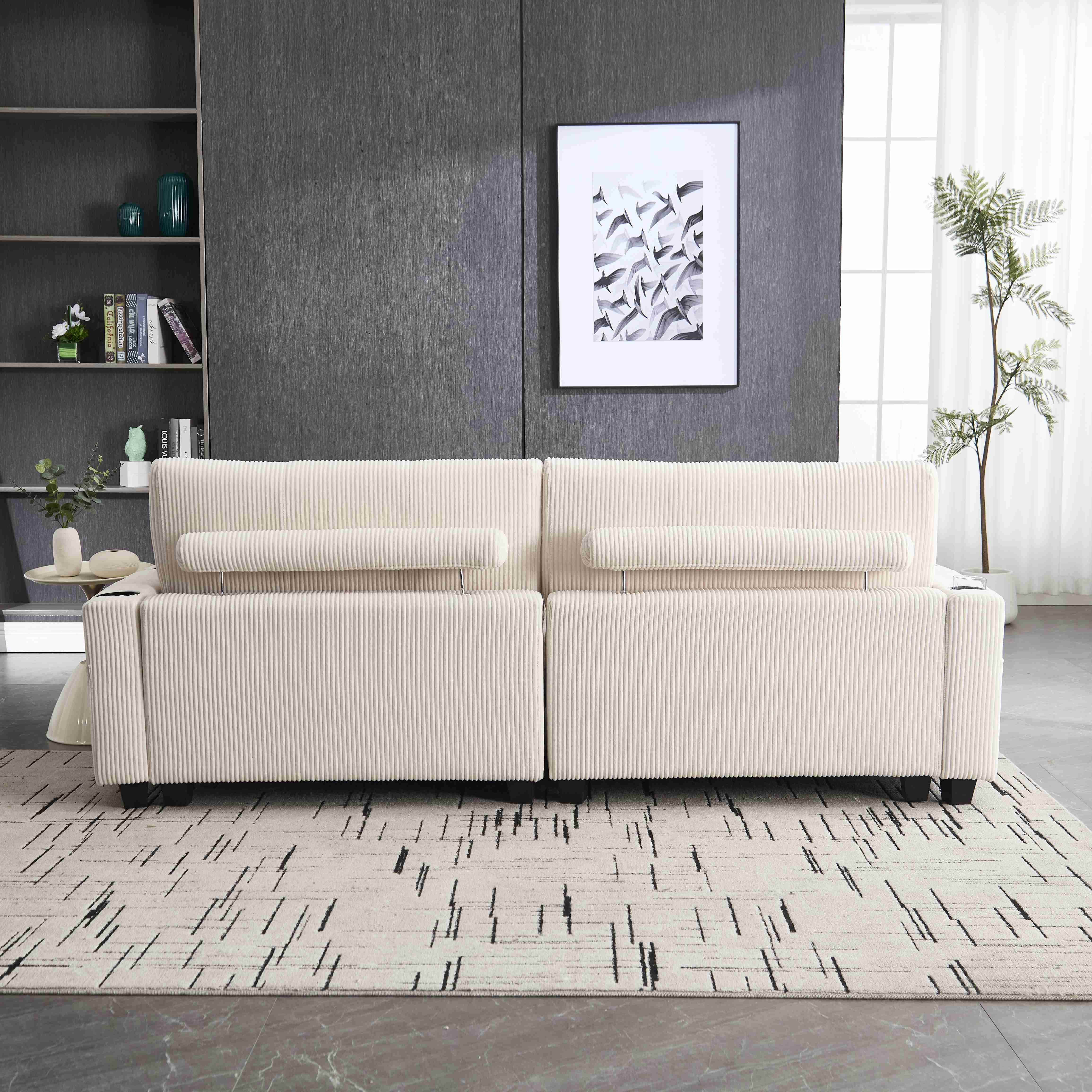 Canapé 2 places modulable se divise en 2 fauteuils individuels, chargeur USB intégré aux accoudoirs, 4 porte-gobelets et rangements