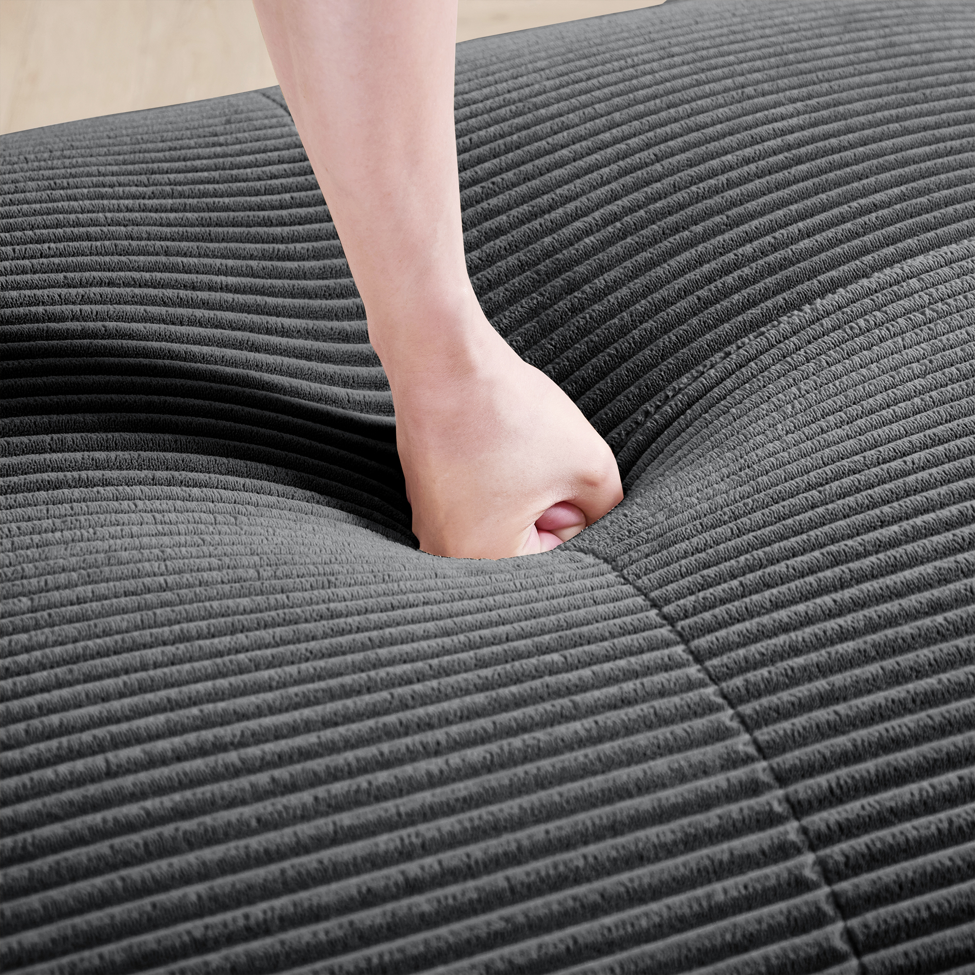 Canapé d'angle 3 places en velours côtelé gris, mousse 32D, structure sans cadre et assise ergonomique