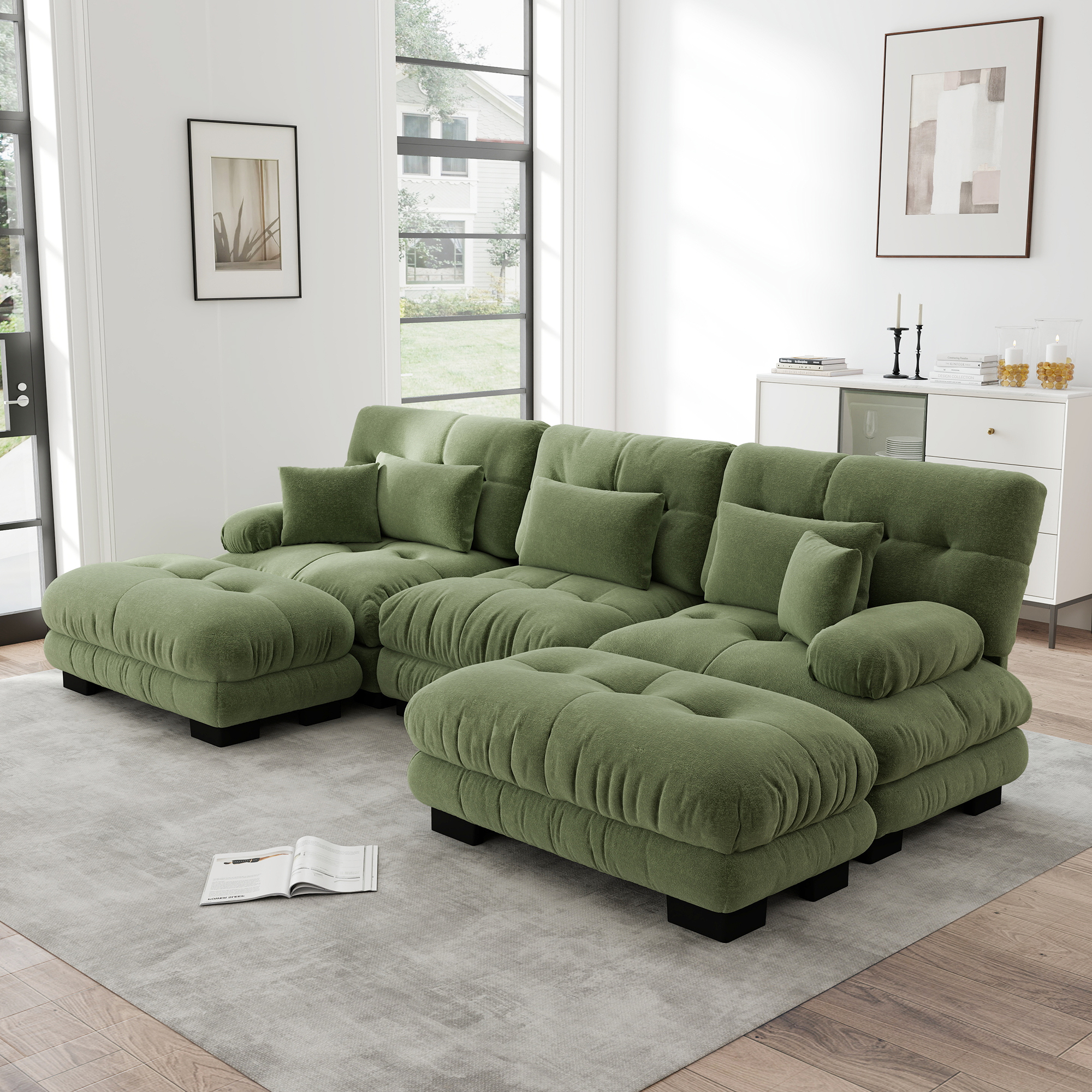 Canapé Modulable Style Cloud, Canapé Lit Profond En U Avec Ottoman Amovible, Confort Ergonomique, Tissu Chenille Vert