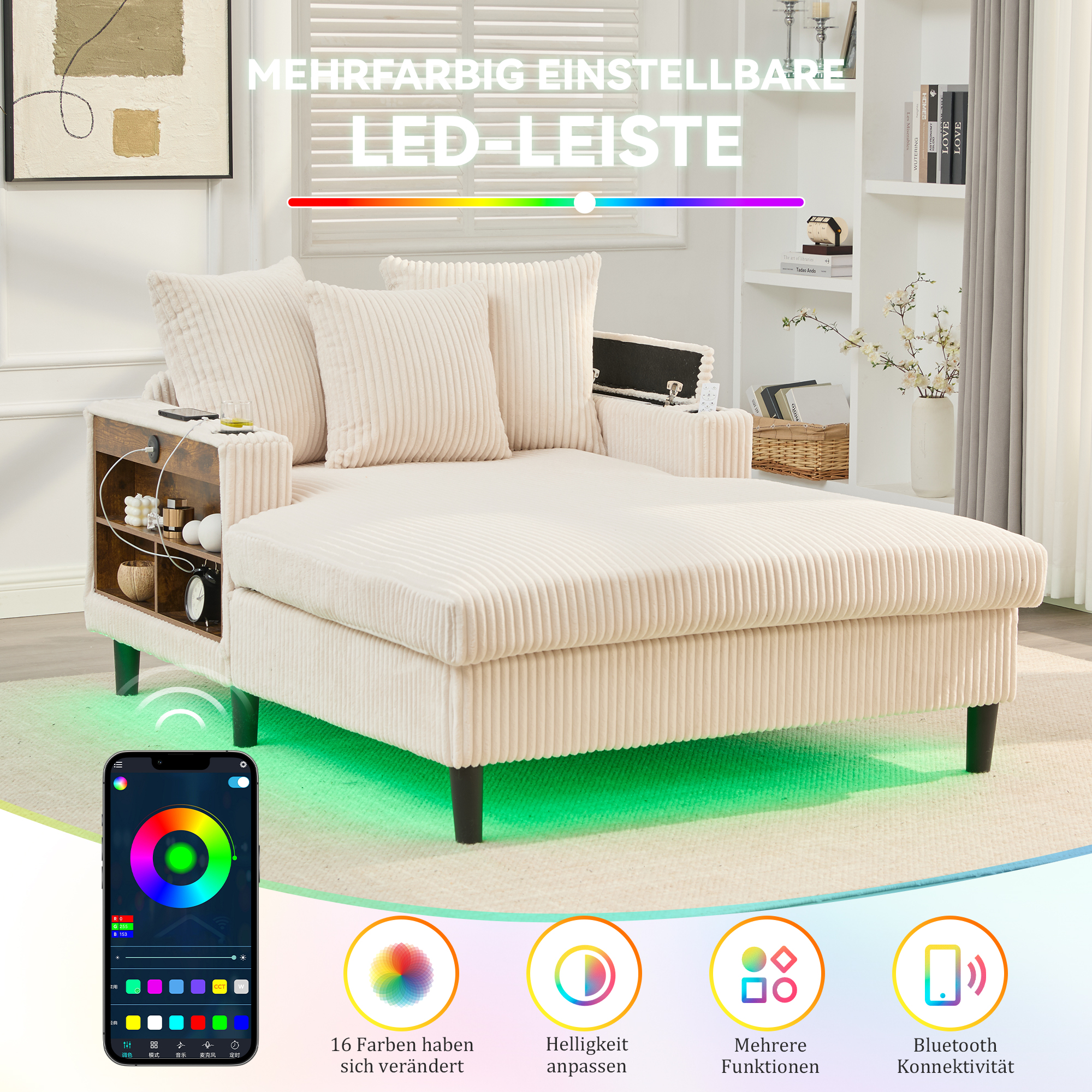 Canapé convertible en velours côtelé beige, structure stable avec pieds en plastique et rangement intégré