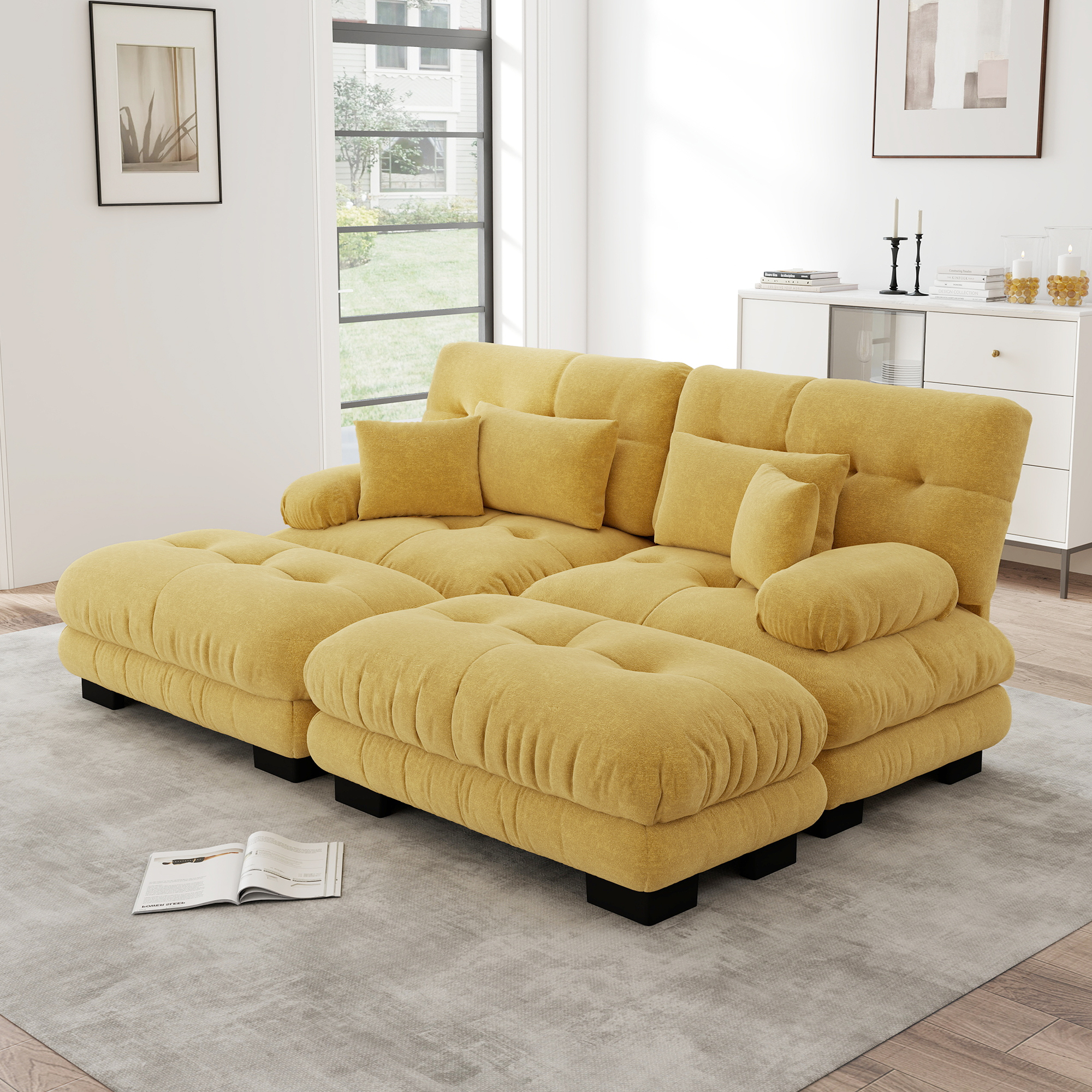 Canapé d'angle modulable en tissu Chenille jaune avec 2 Ottomans, Canapé Salon Confortable Large