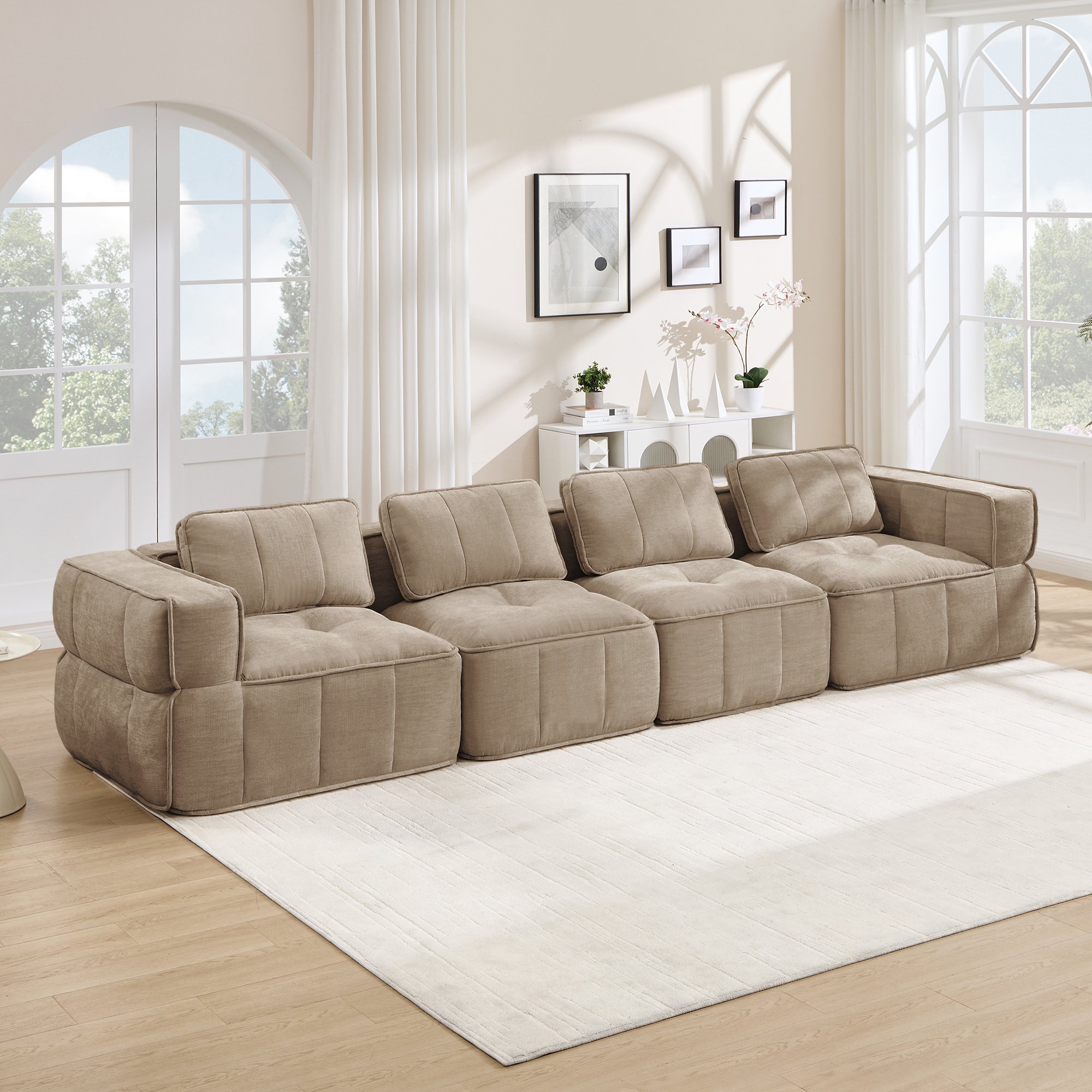 Canapé modulable sans cadre 4 places en mousse haute densité 32D, tissu polyester couleur sable, design contemporain pour salon, aucune installation requise