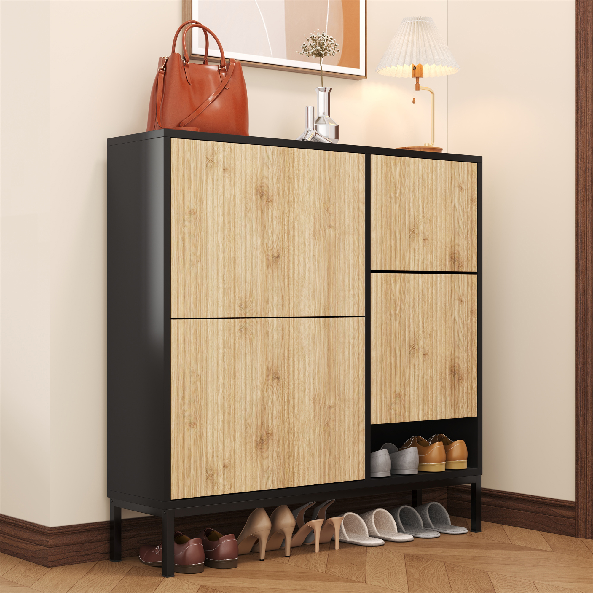 Meuble à chaussures 100x25x100 cm, Noir et Bois Naturel, Panneau composite de fibres de bois à densité, Avec Banc Intégré et Portes Abattantes