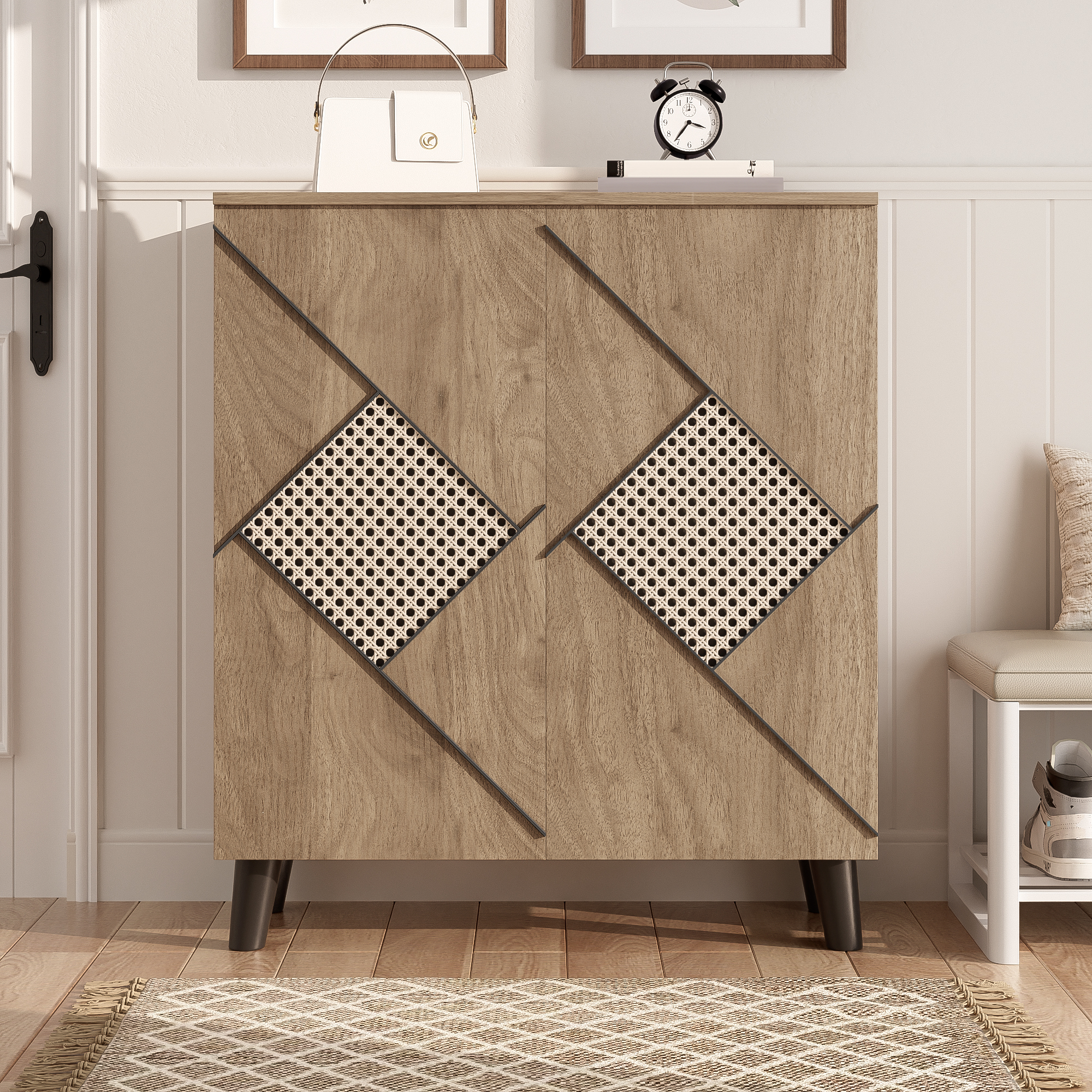 Meuble à chaussures design moderne avec motif rotin, armoire de rangement pour chaussures en panneau de particules, couleur bois, dimensions 80x32x91 cm