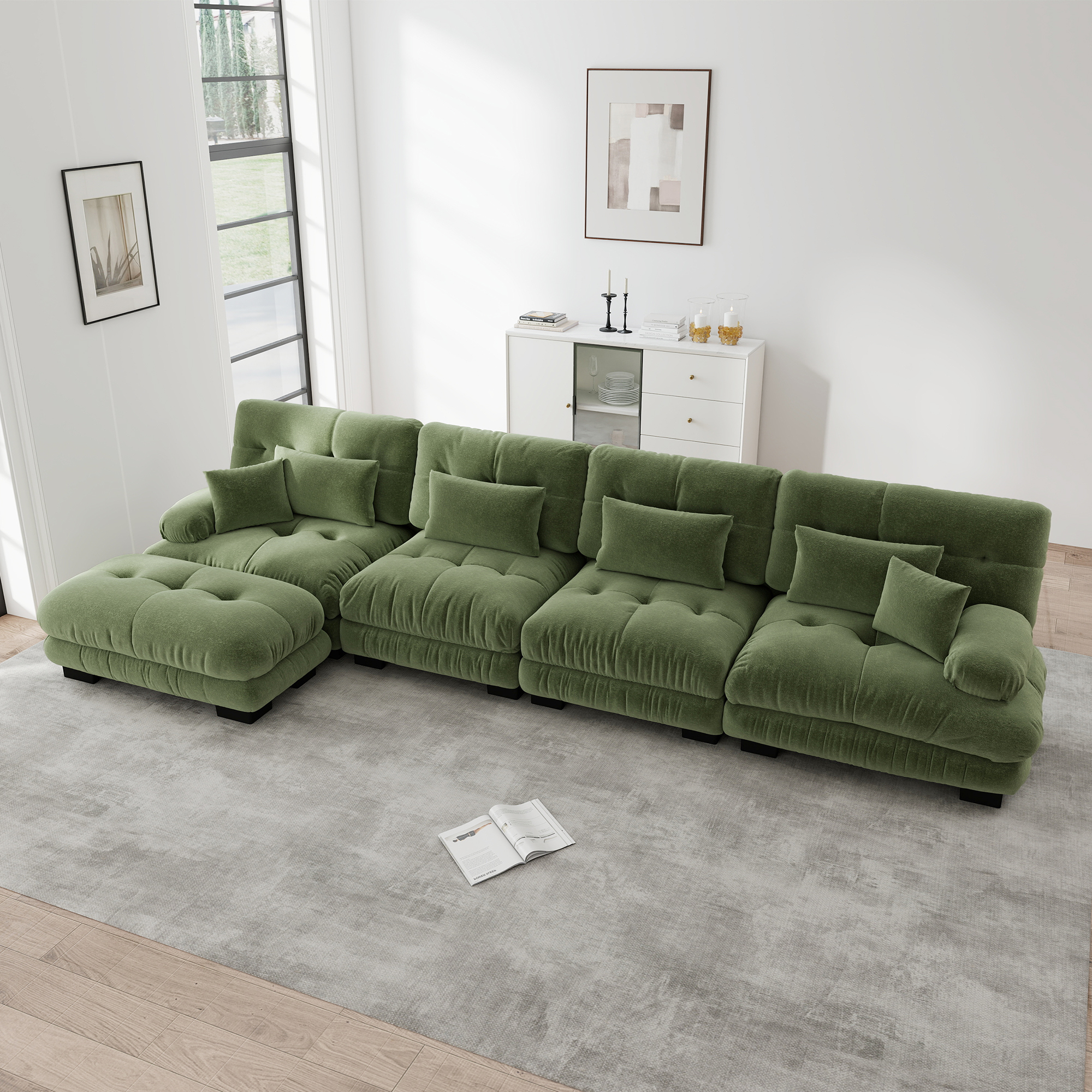 Canapé d'angle modulable 4 places en chenille vert, ensemble salon avec ottoman mobile, structure confort nuage
