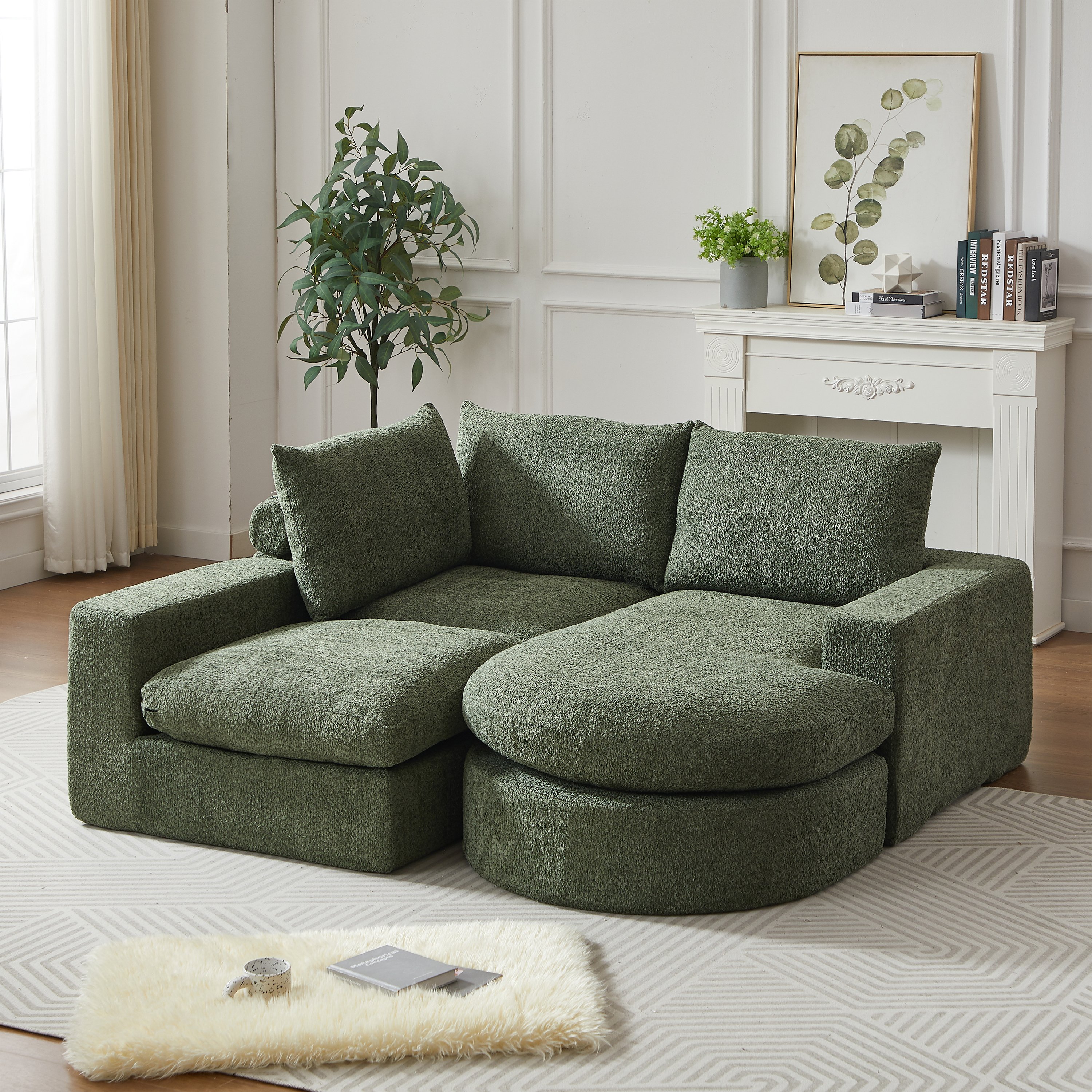 Fauteuil Modulable Vert en Chenille avec Rangement Intégré et Méridienne Réversible pour Salon Contemporain