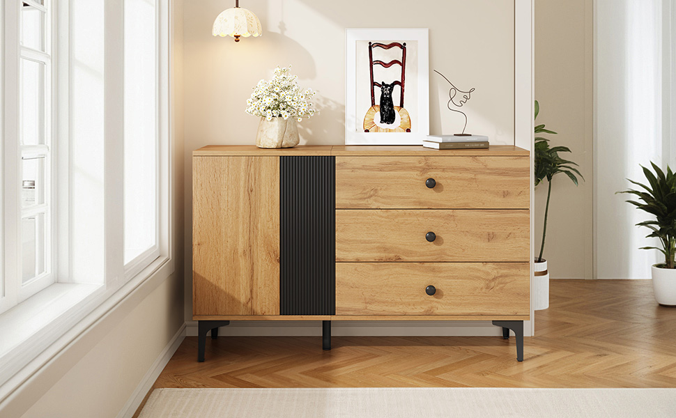 Buffet Noir et Naturel, Panneaux de Particules et Pieds Métalliques, Design Contemporain avec Portes et Tiroirs