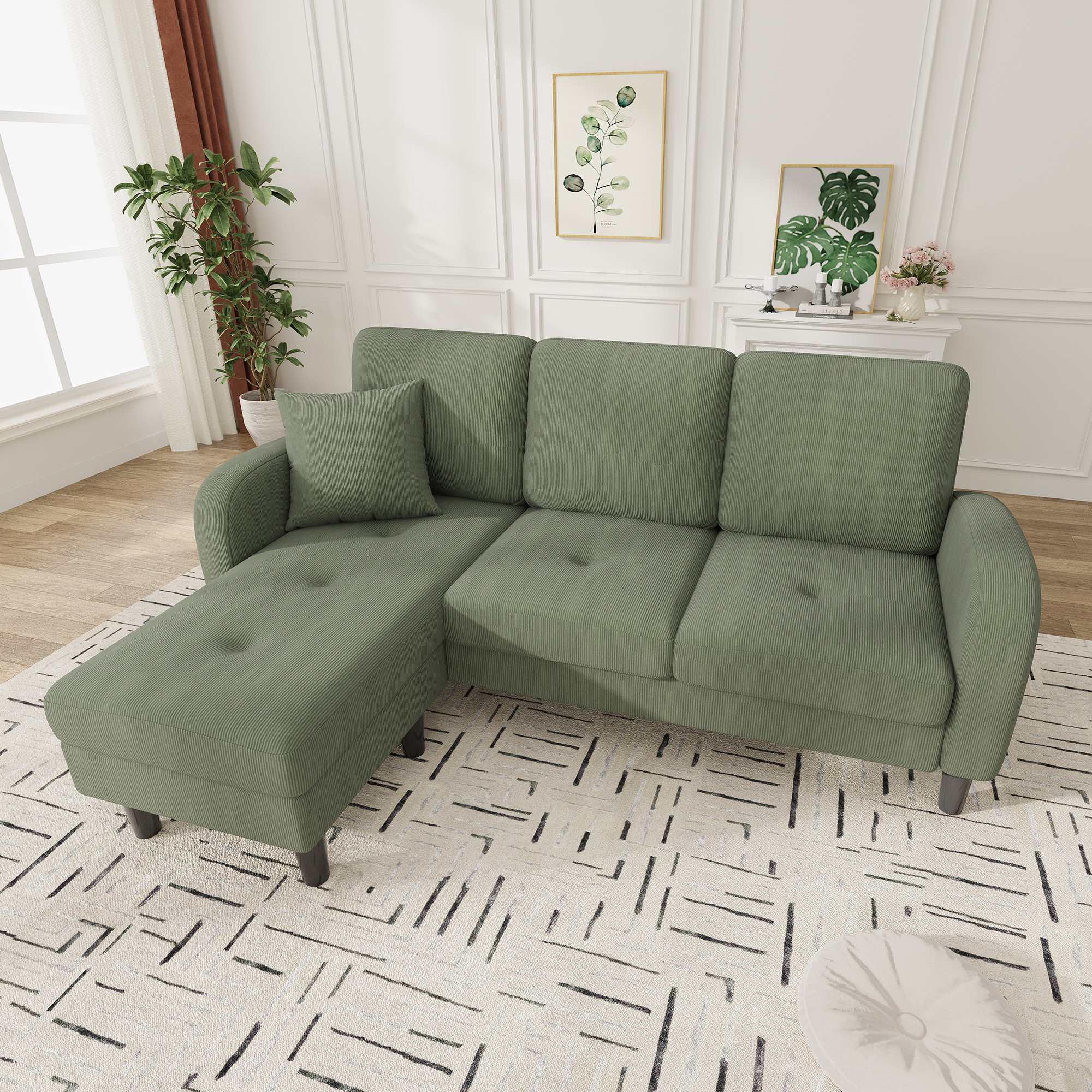 Méridienne Réversible Canapé d'angle 3 Places avec Tissu Cord Vert et Pieds Plastique pour Salon Compact