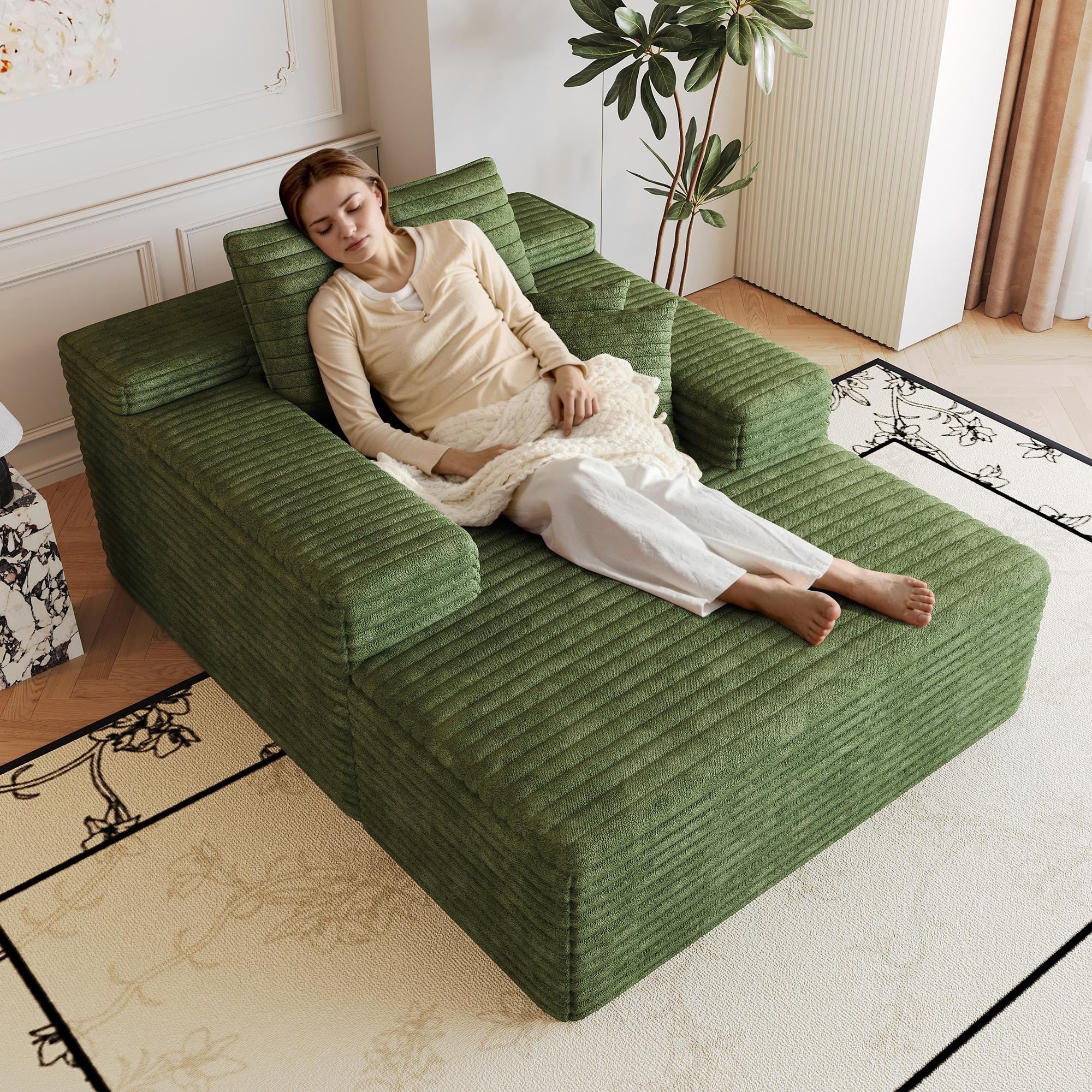 Canapé droit 115x159 cm en velours côtelé vert avec assise profonde, mousse haute élasticité et structure sans assemblage pour salon ou chambre