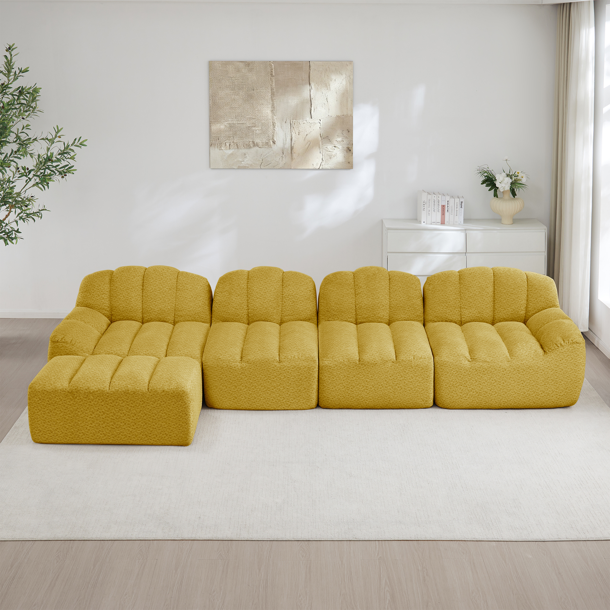 Canapé Modulable 4 Places avec Coffre de Rangement Intégré et Ottoman pour Salon Contemporain en Granular Fleece Jaune