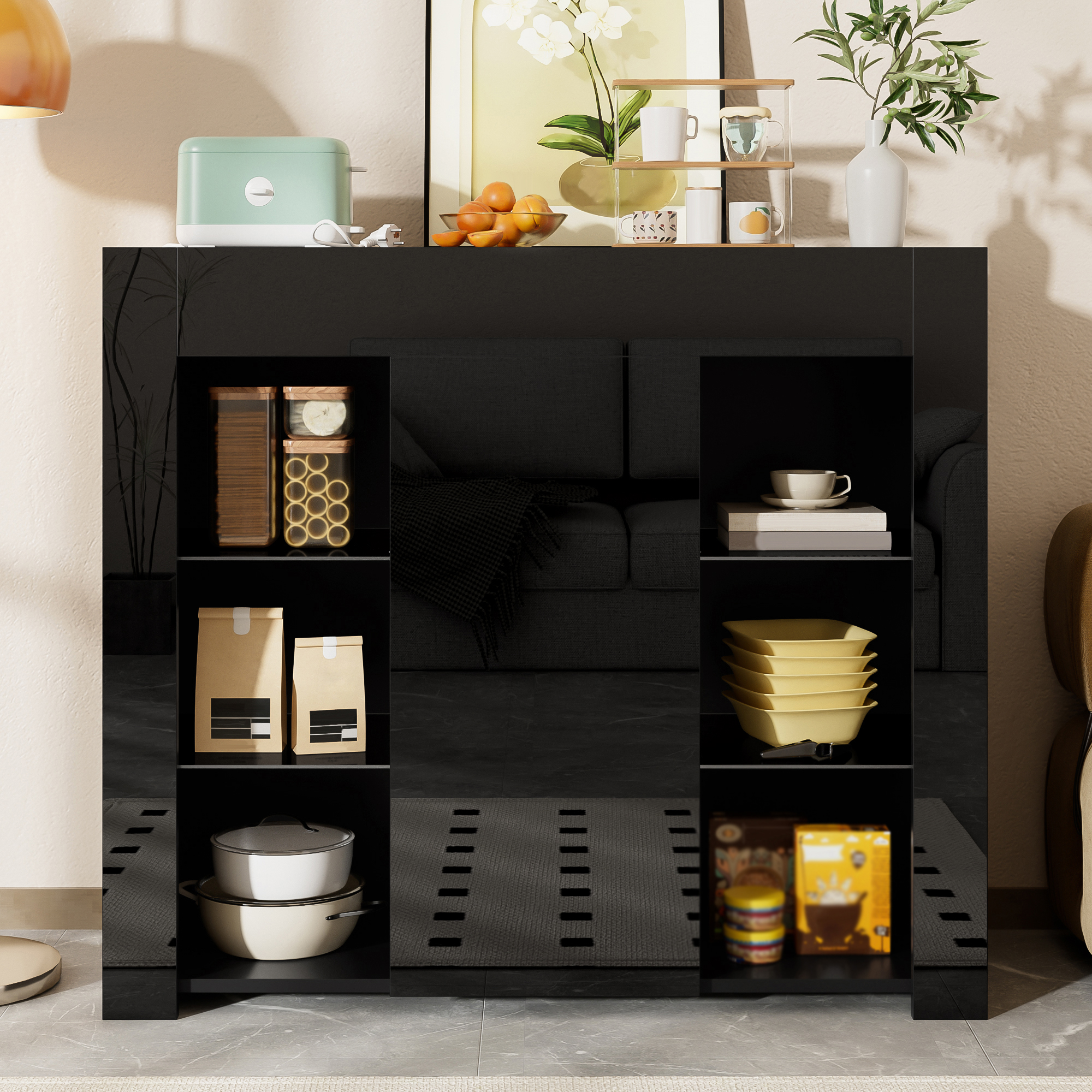 Buffet Noir Moderne 95x35x83 cm - Meuble de Rangement avec Étagères en Verre et Porte pour Cuisine ou Salon