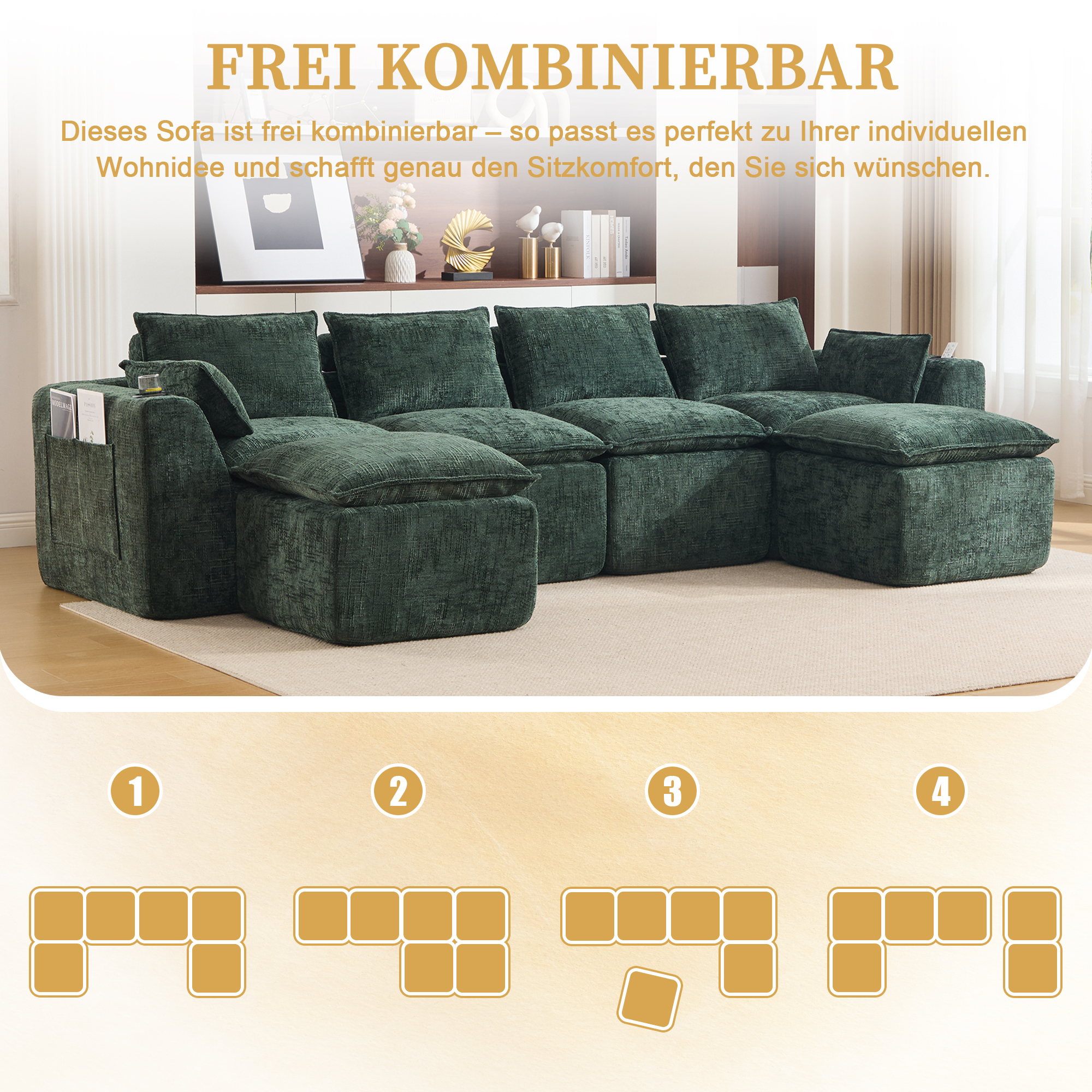 Canapé modulable 4 places en chenille vert foncé avec 2 poufs, 2 poches latérales et coussins