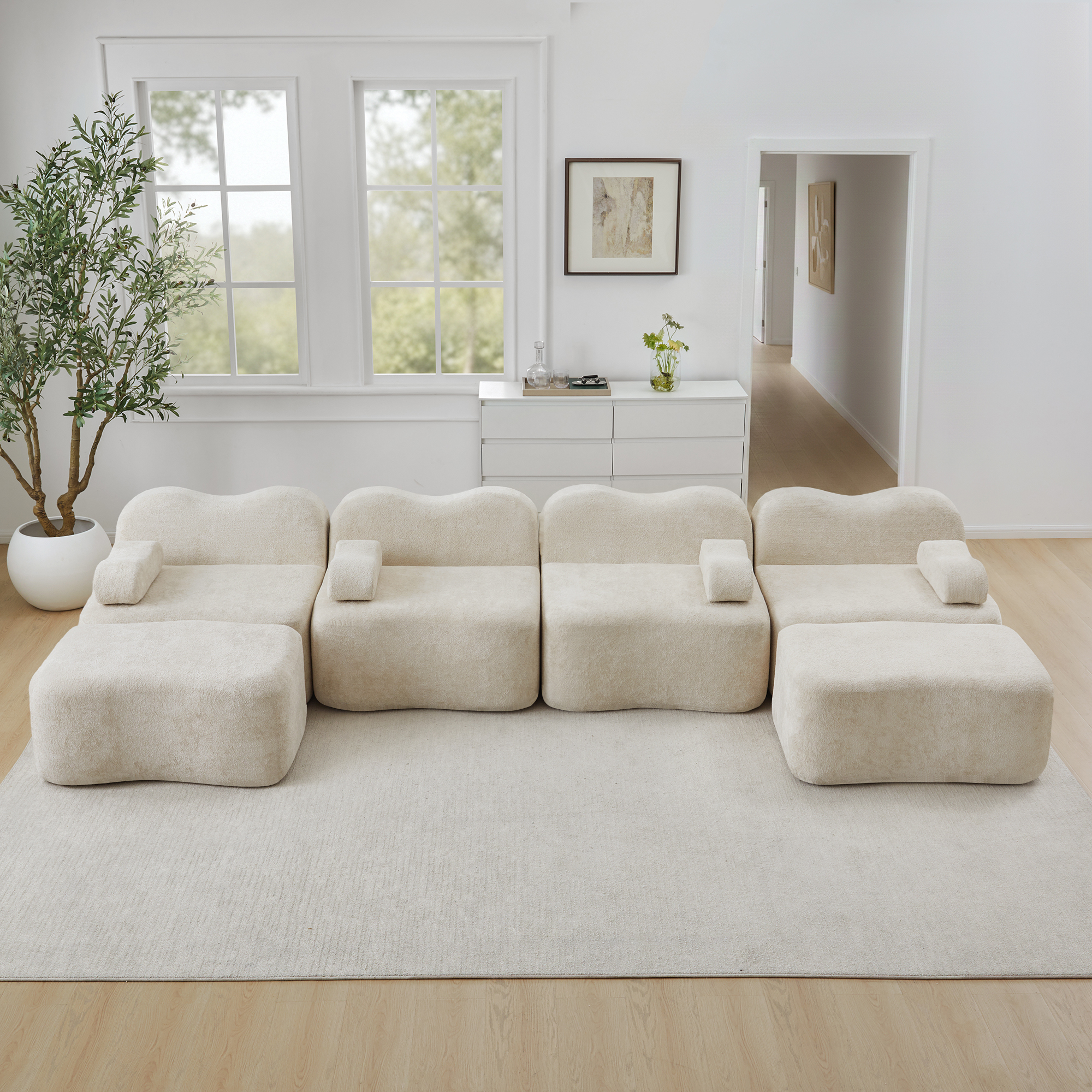 Canapé Modulable 4 Places En Velours Beige, Canapé Panoramique Sans Dossier Avec 2 Ottomans, Structure Flexible Pour Salon Moderne