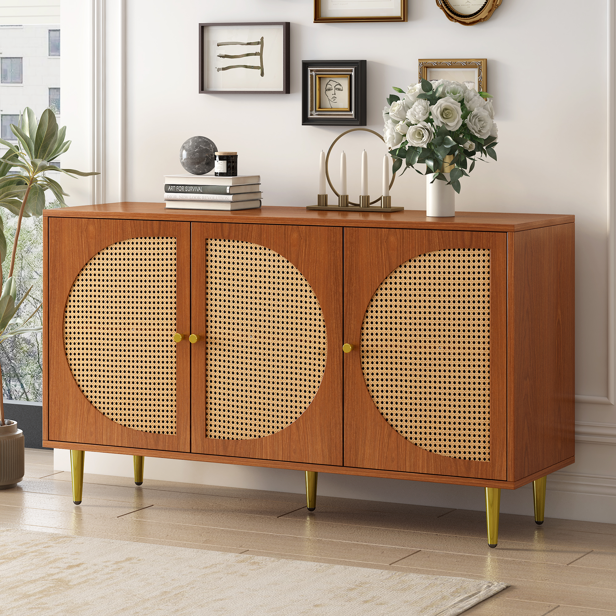 Buffet Haut 3 Portes Rotin 129.8x40x76 cm Meuble Rangement Étagères Réglables Poignées Métal Panneaux Particules Noyer