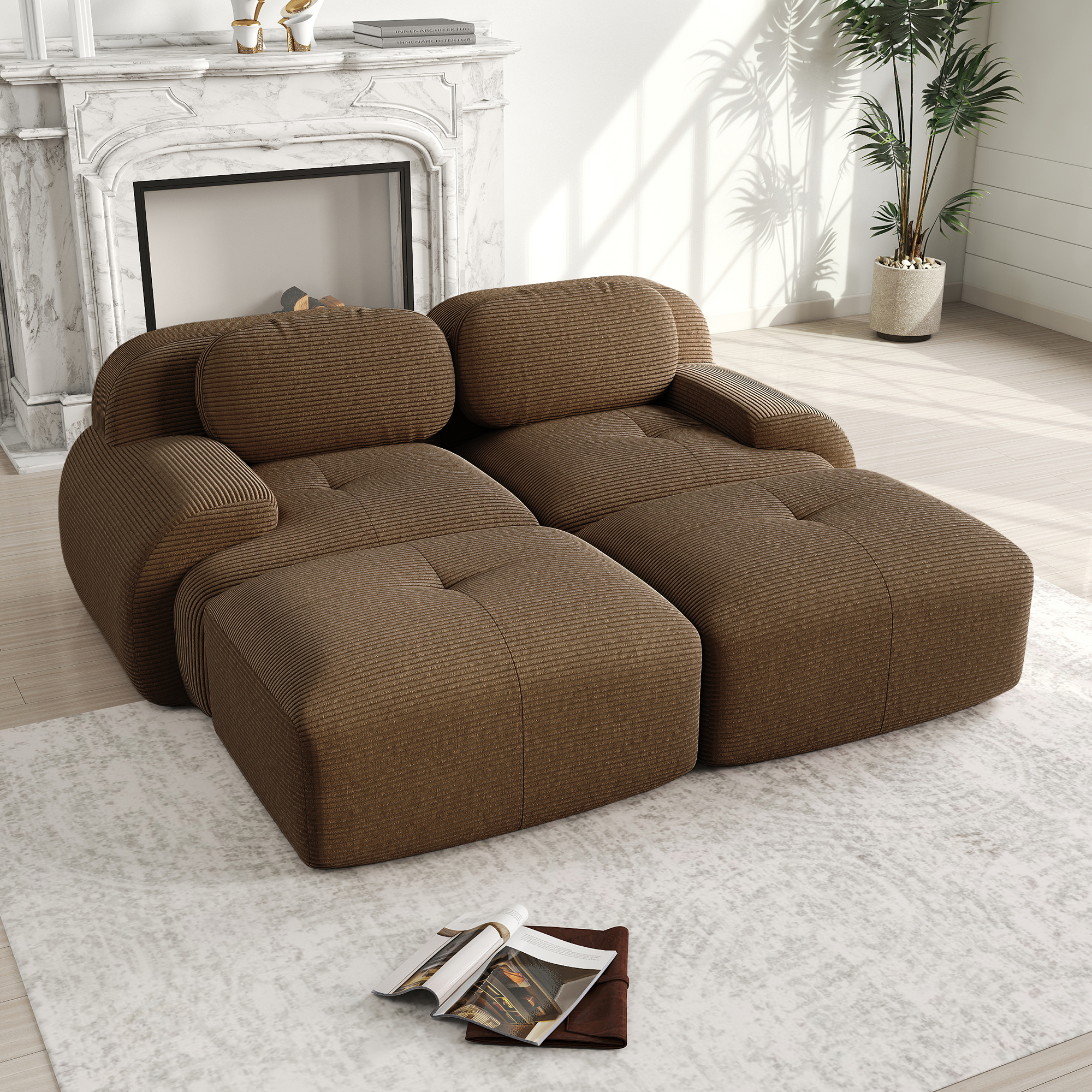 Canapé d'angle 2 places en cordonnet marron pour salon et chambre, modulable sans montage et base antidérapante
