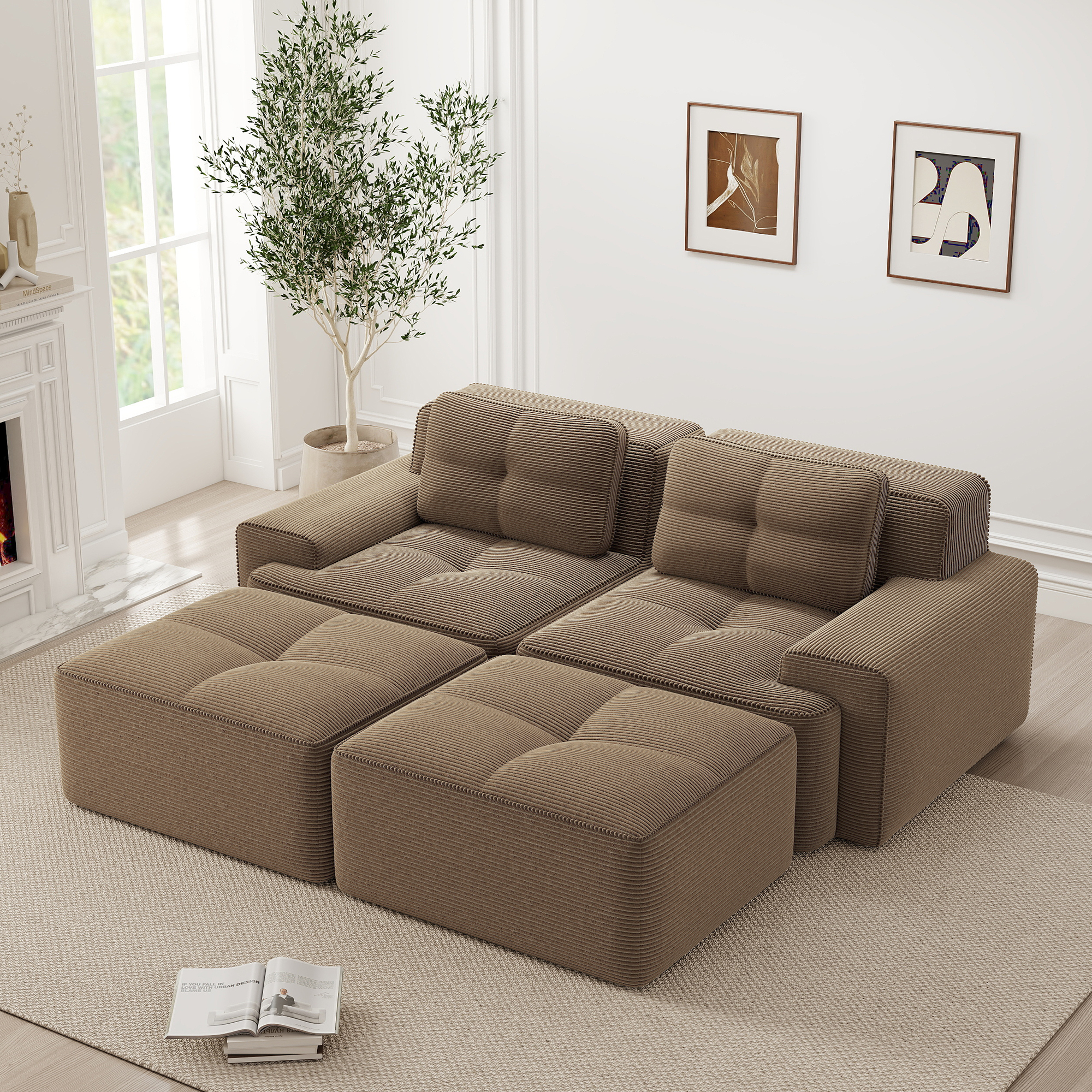 Canapé Modulable 2 Places En U, Tissu Velours Côtelé Marron, Structure Boneless Moderne, Confort Cloud Et Design Contemporain Salon
