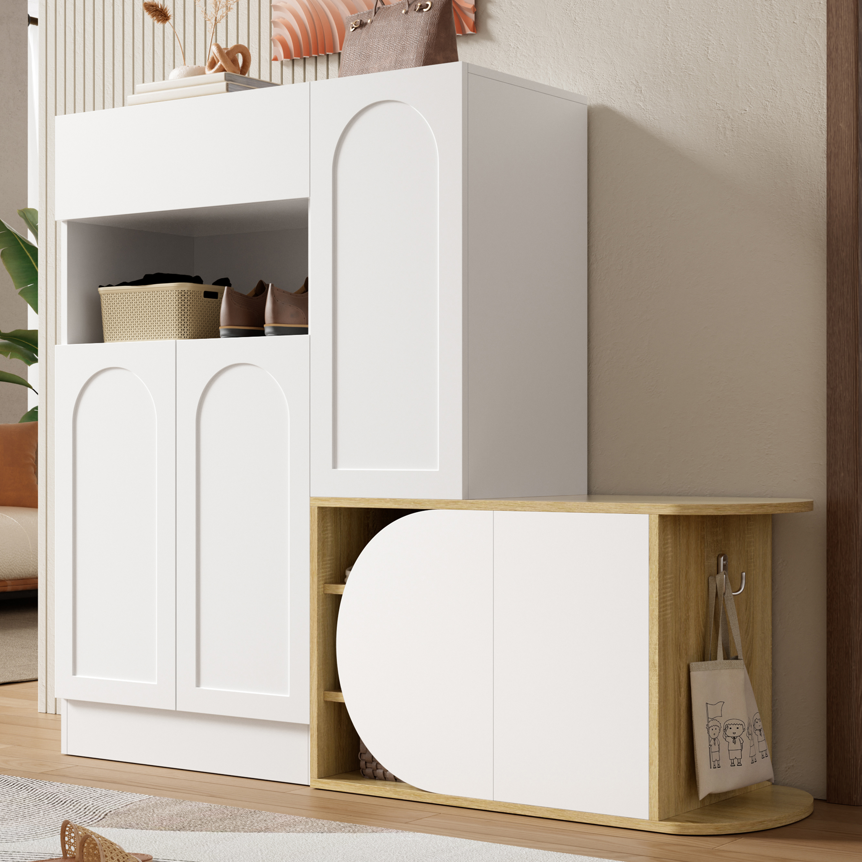 Meuble à chaussures avec banc intégré, 5 portes et tiroir, rangement hall entrée spacieux, Panneau composite de fibres de bois à densité Blanc bois, 130x35x110,5 cm