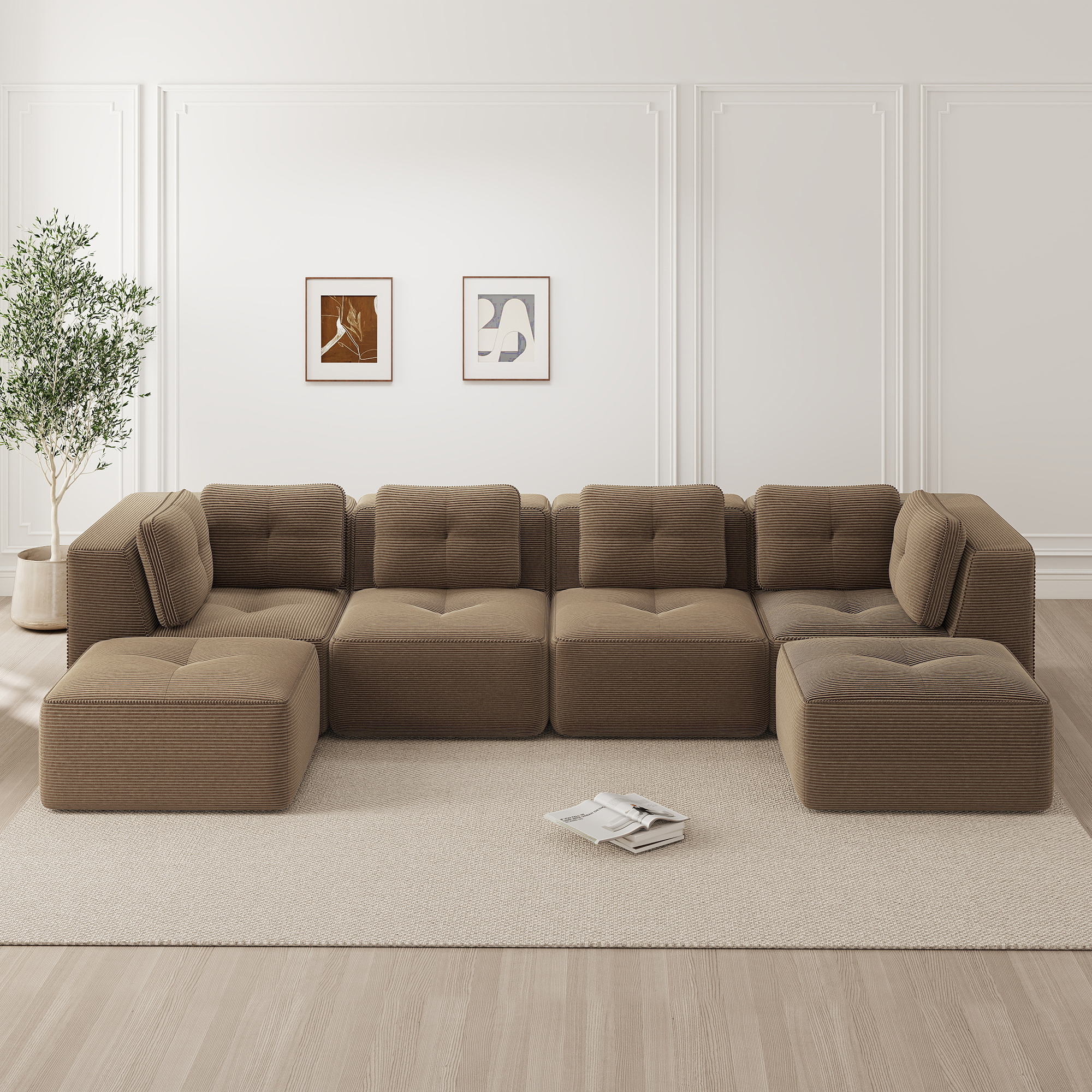 Canapé Modulable D'Angle En U Avec Ottoman, Revêtement Velours Côtelé Marron, Structure Profonde Et Pieds Antidérapants
