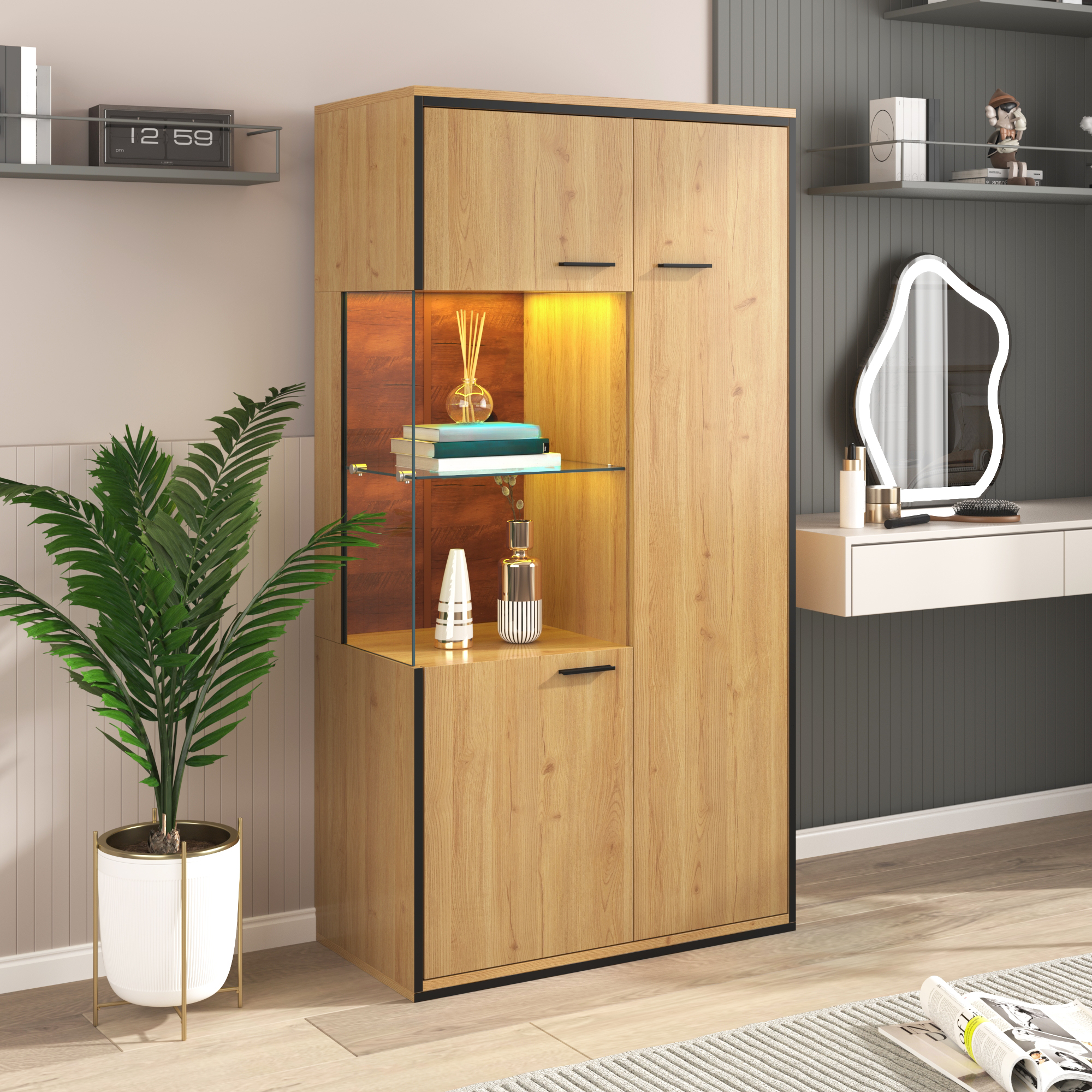 Meuble Vitrine Design Contemporain en Panneau Panneau composite de fibres de bois à densité avec Structure Solide et Porte Vitrée Transparente - 150 x 77,5 x 40 cm