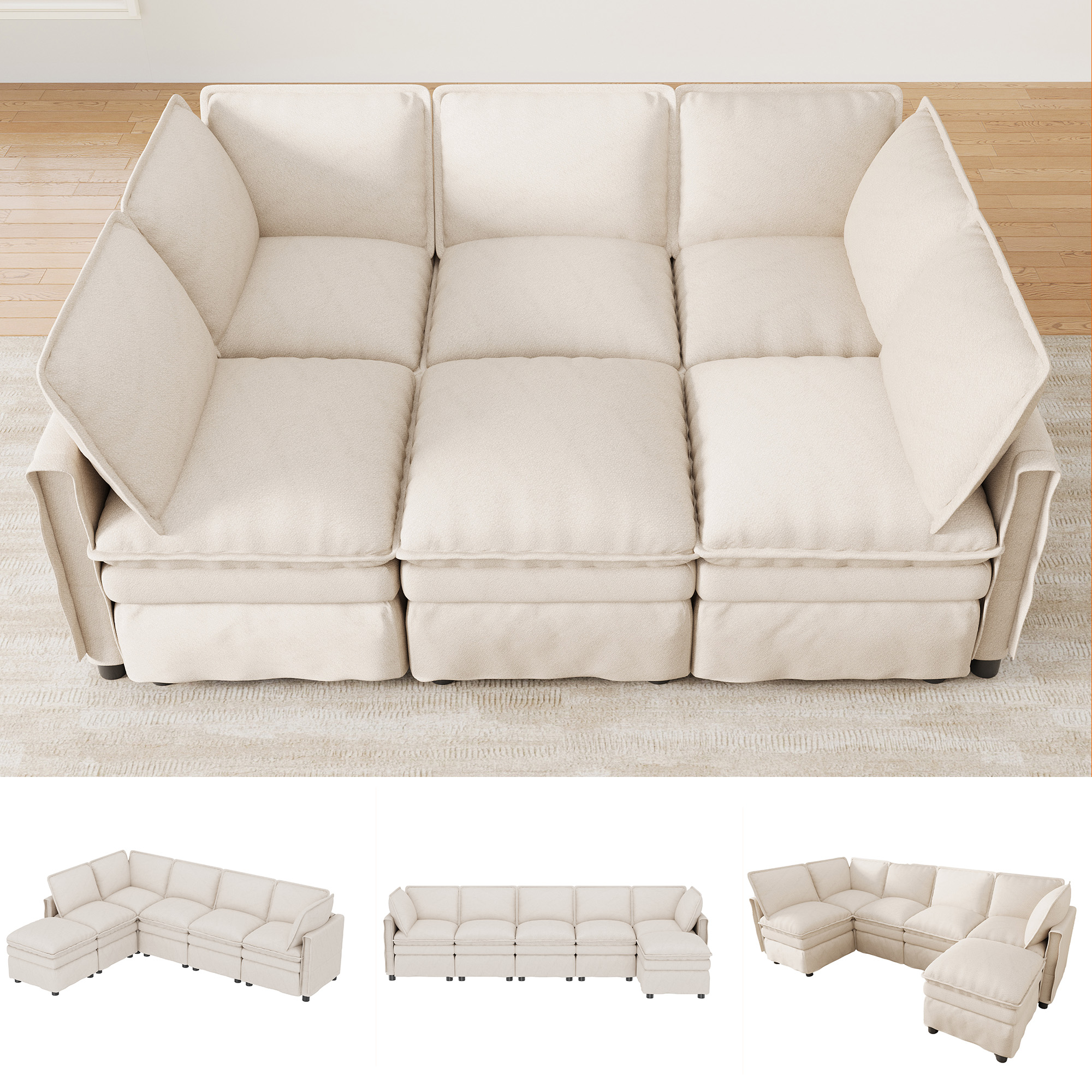Ensemble canapé modulable chenille beige avec pouf amovible, design moderne sans accoudoirs fixes, salon bureau