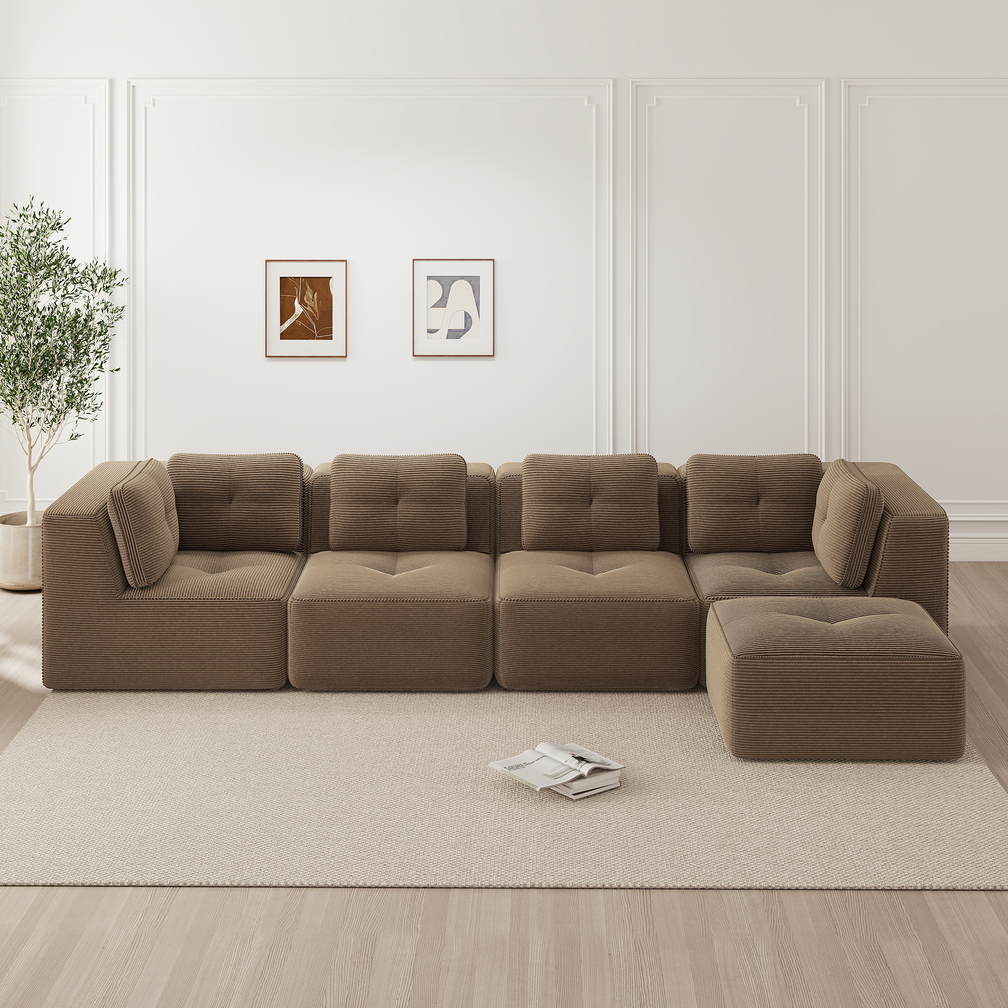 Canapé Modulable 4 Places Angle Sans Cadre Tissu Côtelé Marron Confort Profond Salon Moderne