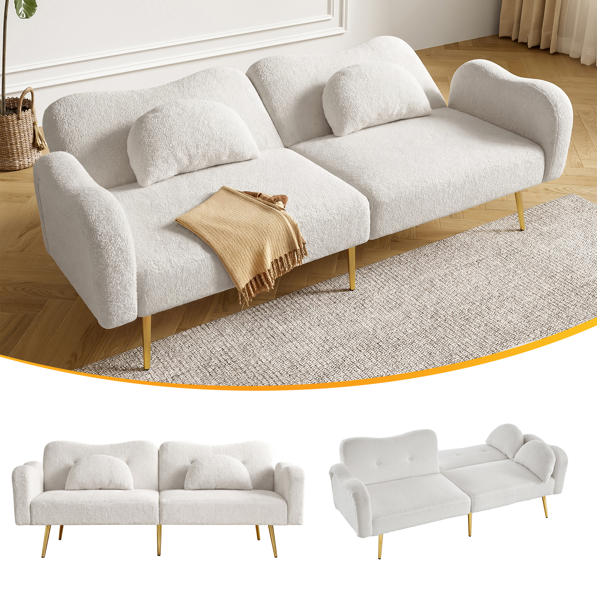 Canapé Convertible 2 Places Blanc Dimensions 175x79x82 cm avec Surface de Couchage 155x85,5 cm
