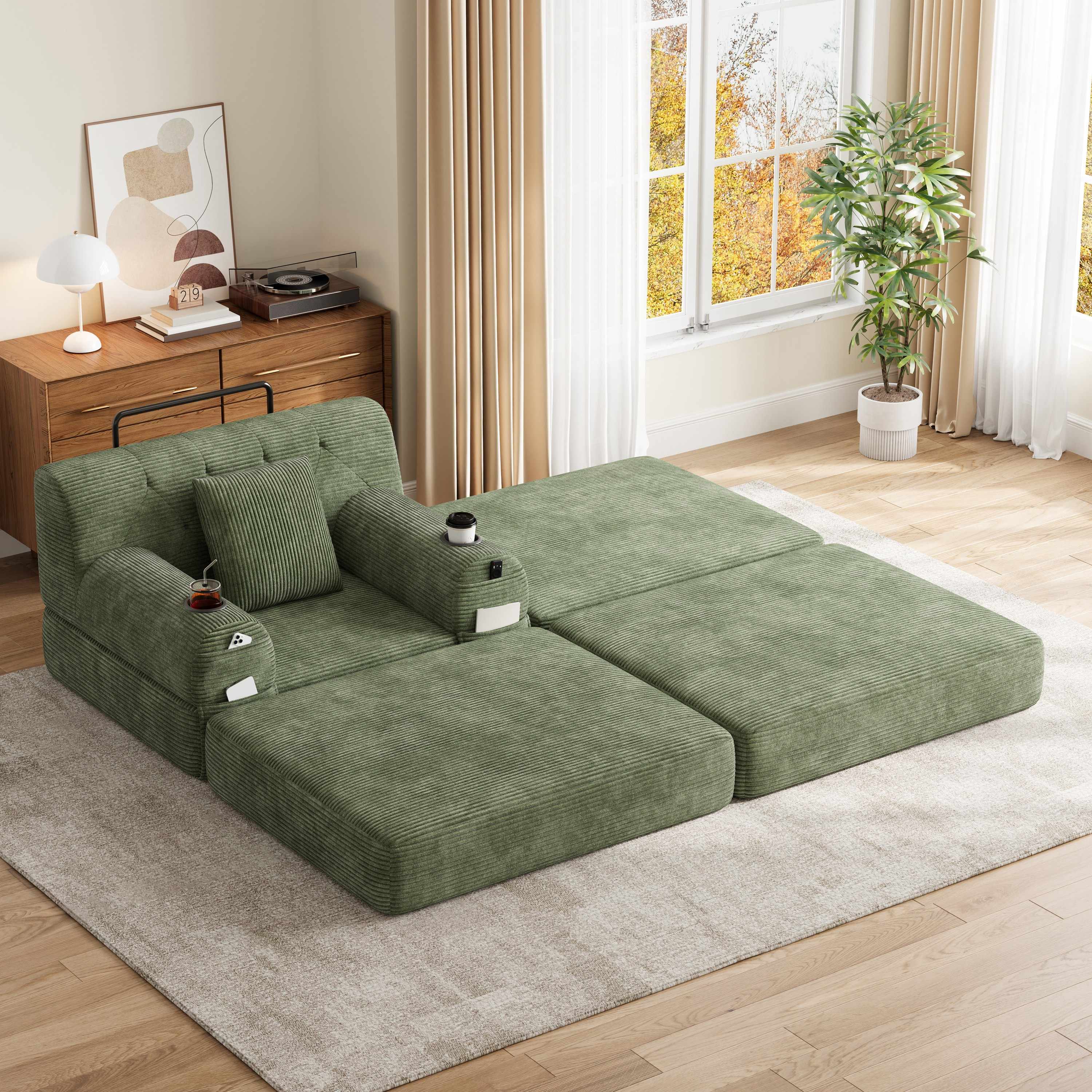 Canapé-lit une place vert côtelé avec dossier haut, cadre métal, mousse haute densité, 2 porte-gobelets et 4 poches de rangement, sans montage requis