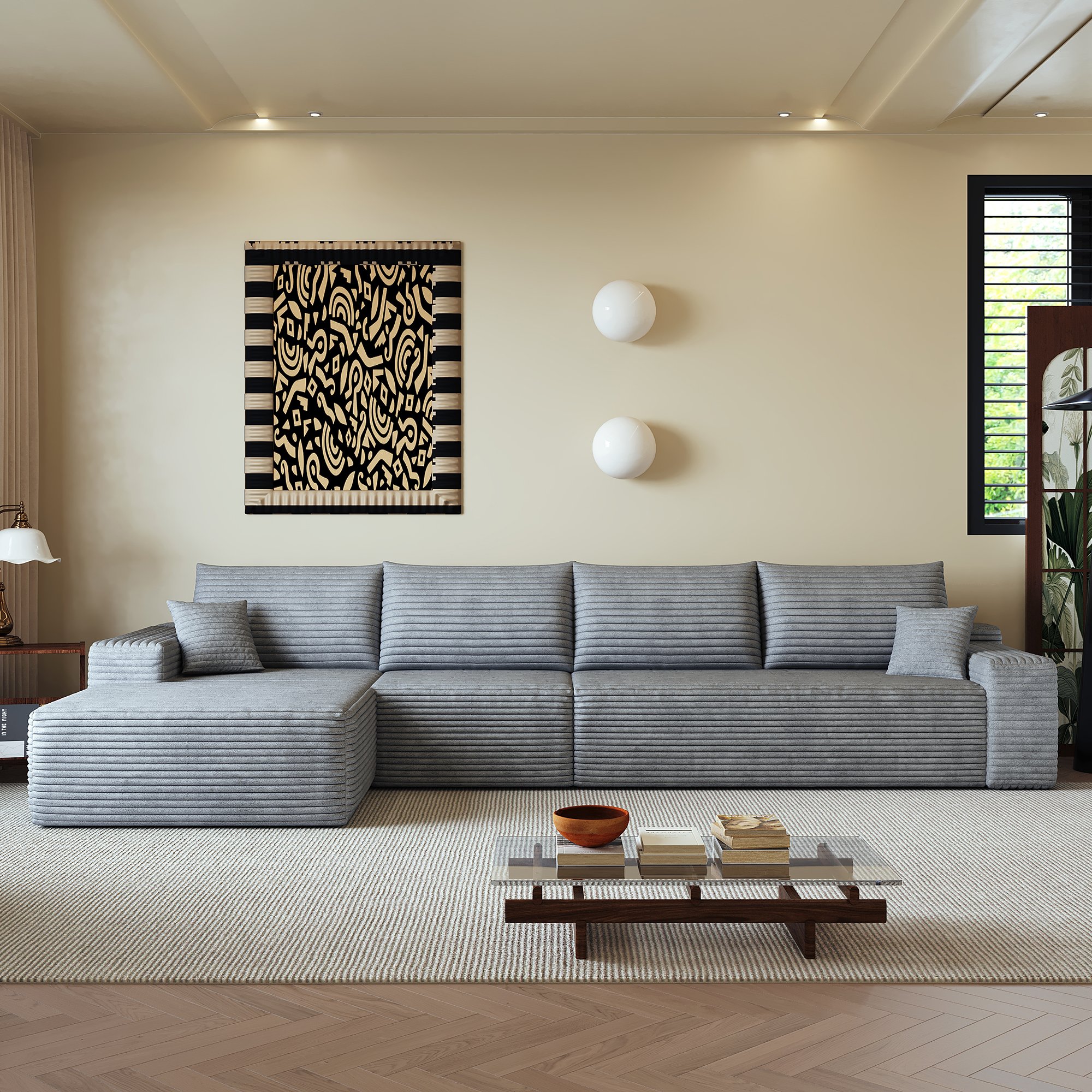 Canapé d'angle modulable gris 340cm sans assemblage, tissu côtelé doux et mousse élastique, livraison facile en colis compressés