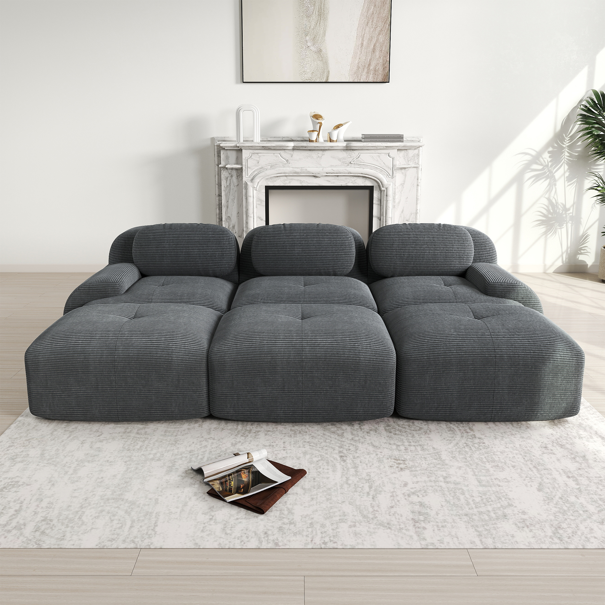 Canapé d'angle 3 places en velours côtelé gris, mousse 32D, structure sans cadre et assise ergonomique