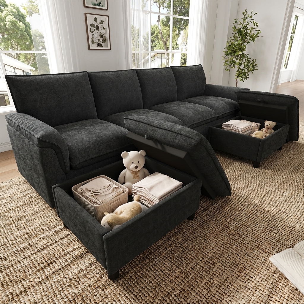 Canapé d'angle en chenille noire avec dossier haut, 2 poufs et structure en métal et bois massif