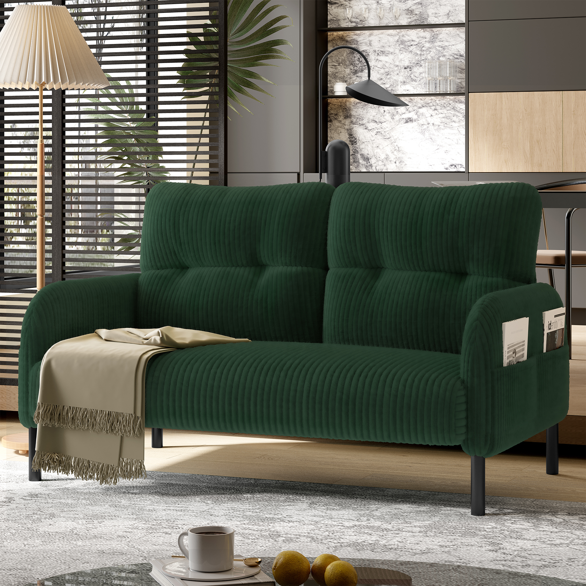 Canapé 2 places 120x75x79 cm en velours côtelé vert émeraude avec dossier haut et pieds métalliques