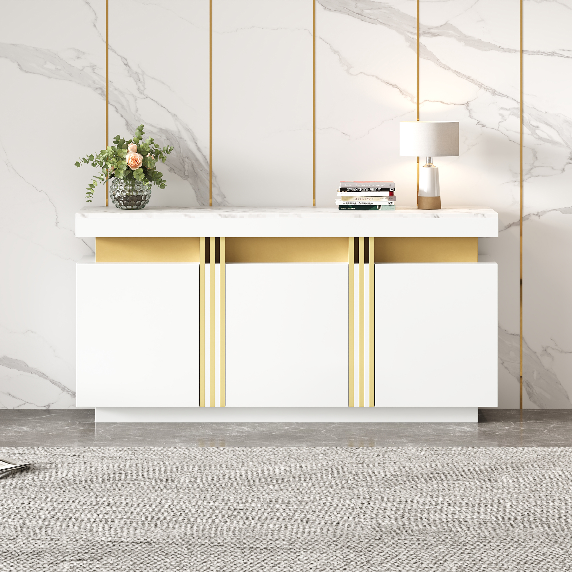 Buffet Blanc 140x38x70 cm, Meuble Rangement Cuisine 3 Portes, Capacité Charge Max 45 kg, Idéal Salon Entrée Bureau