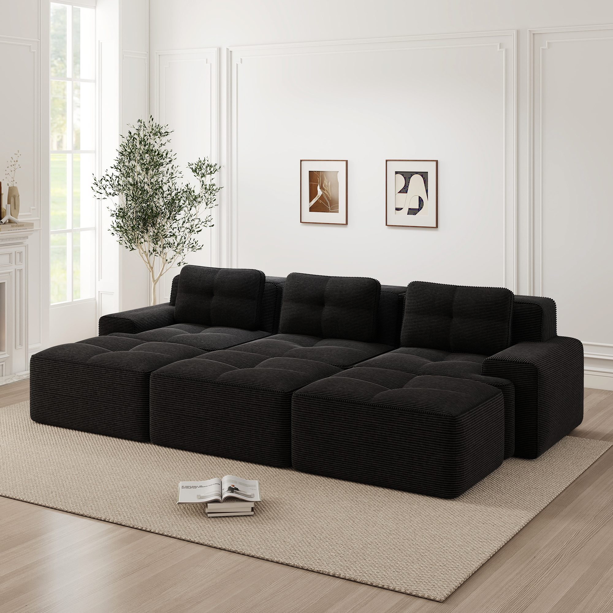 Canapé d'angle Convertible 3 Places Noir Dimensions 293x177x69 cm Tissu Côtelé avec Rangement Sous Coussin