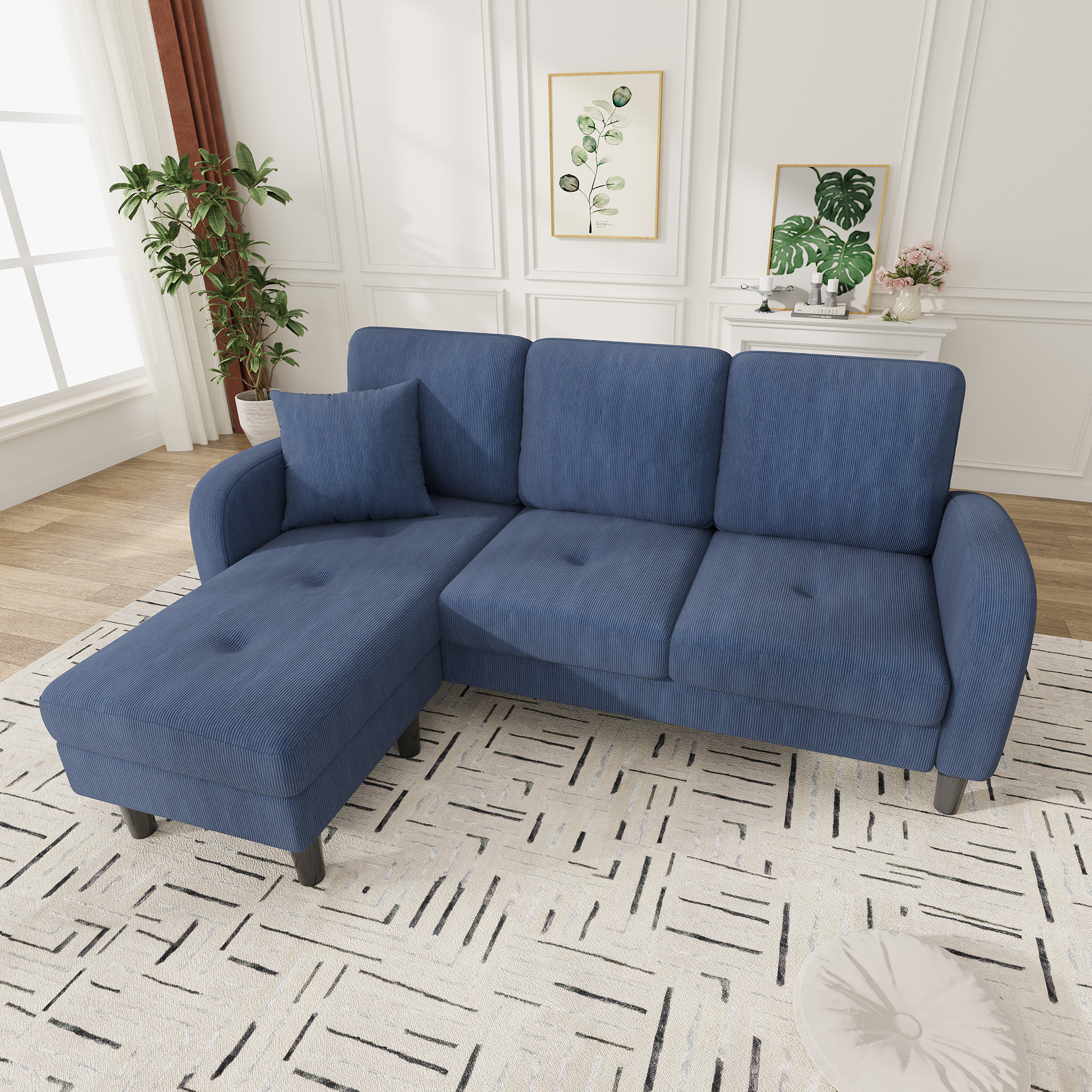 Canapé d'Angle avec Méridienne Modulable Bleu Tissu Côtelé 3 Places avec Rangement Intégré pour Petit Salon