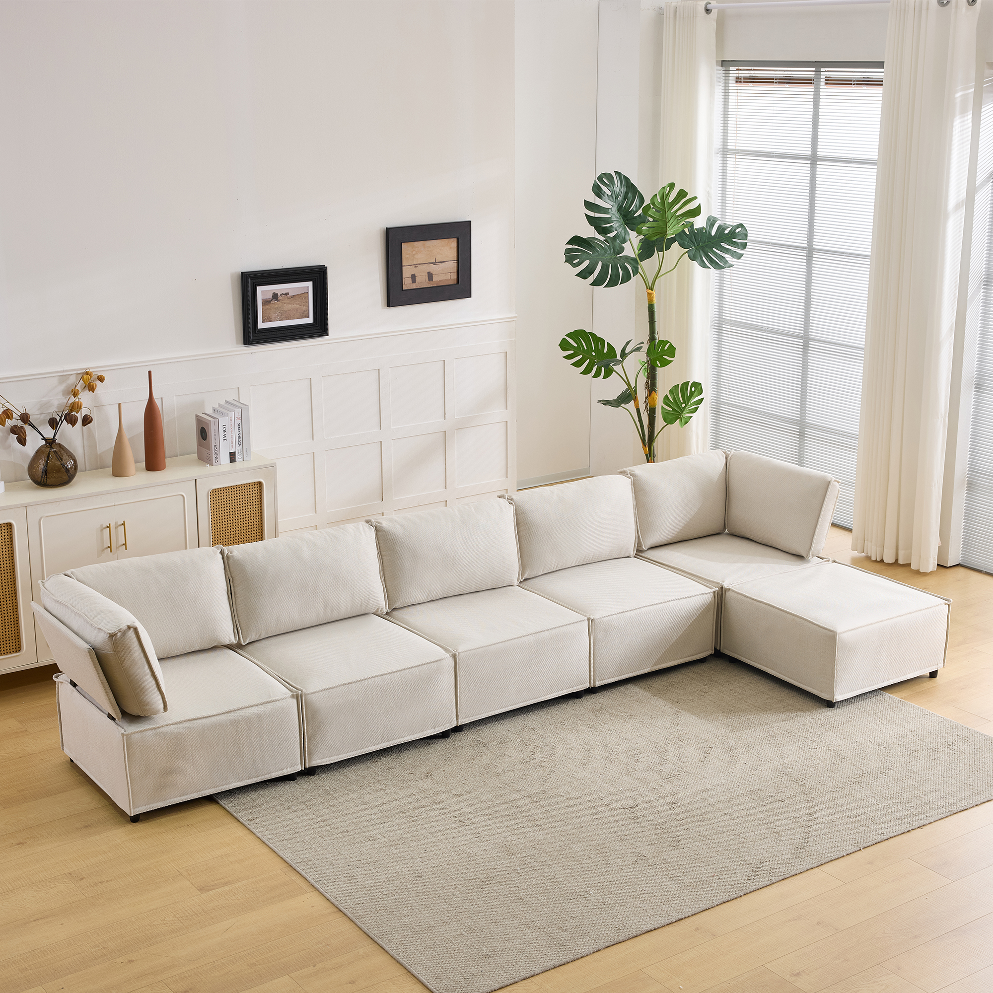 Canapé Modulable d'Angle Beige Tissu Lin, Structure Bois et Mousse Ressorts, Design Contemporain Élégant pour Salon Spacieux