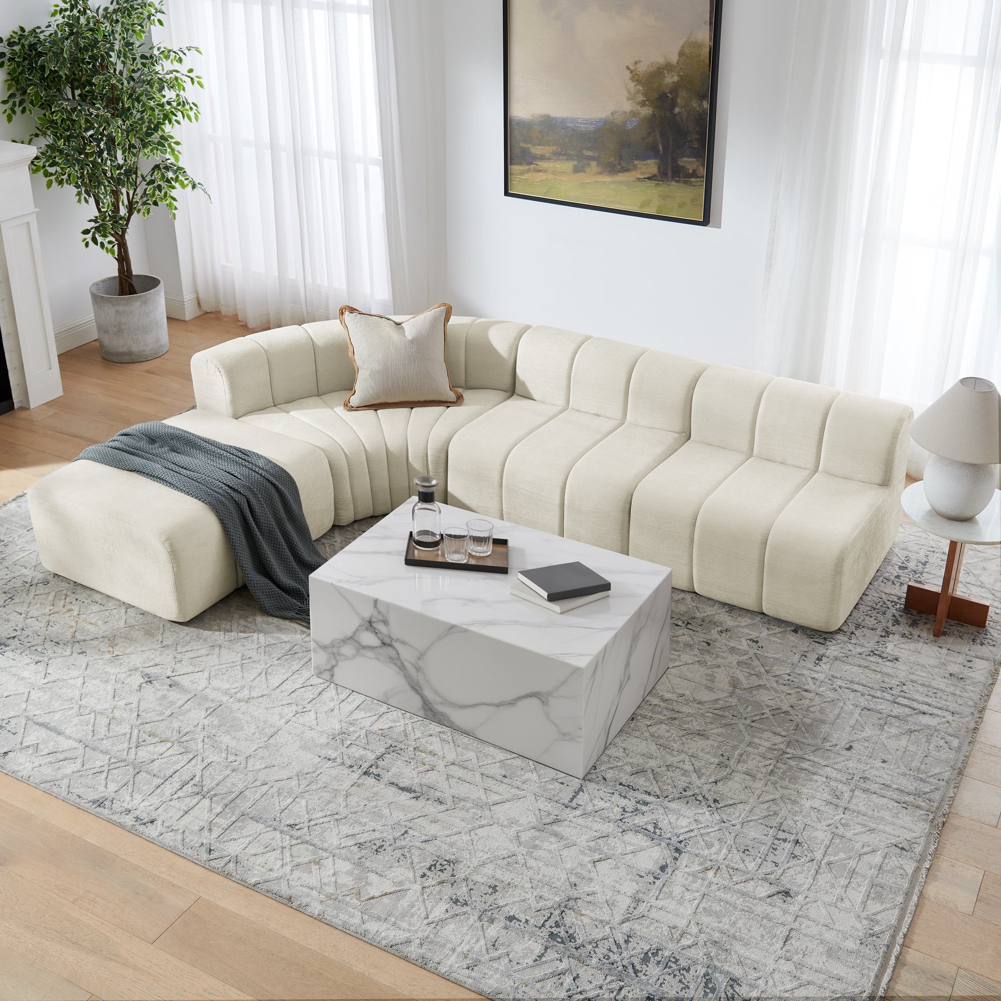 Canapé d'angle modulable 4 places beige en chenille, structure sans outils, coussins multifonctions et mousse haute résilience pour salon moderne
